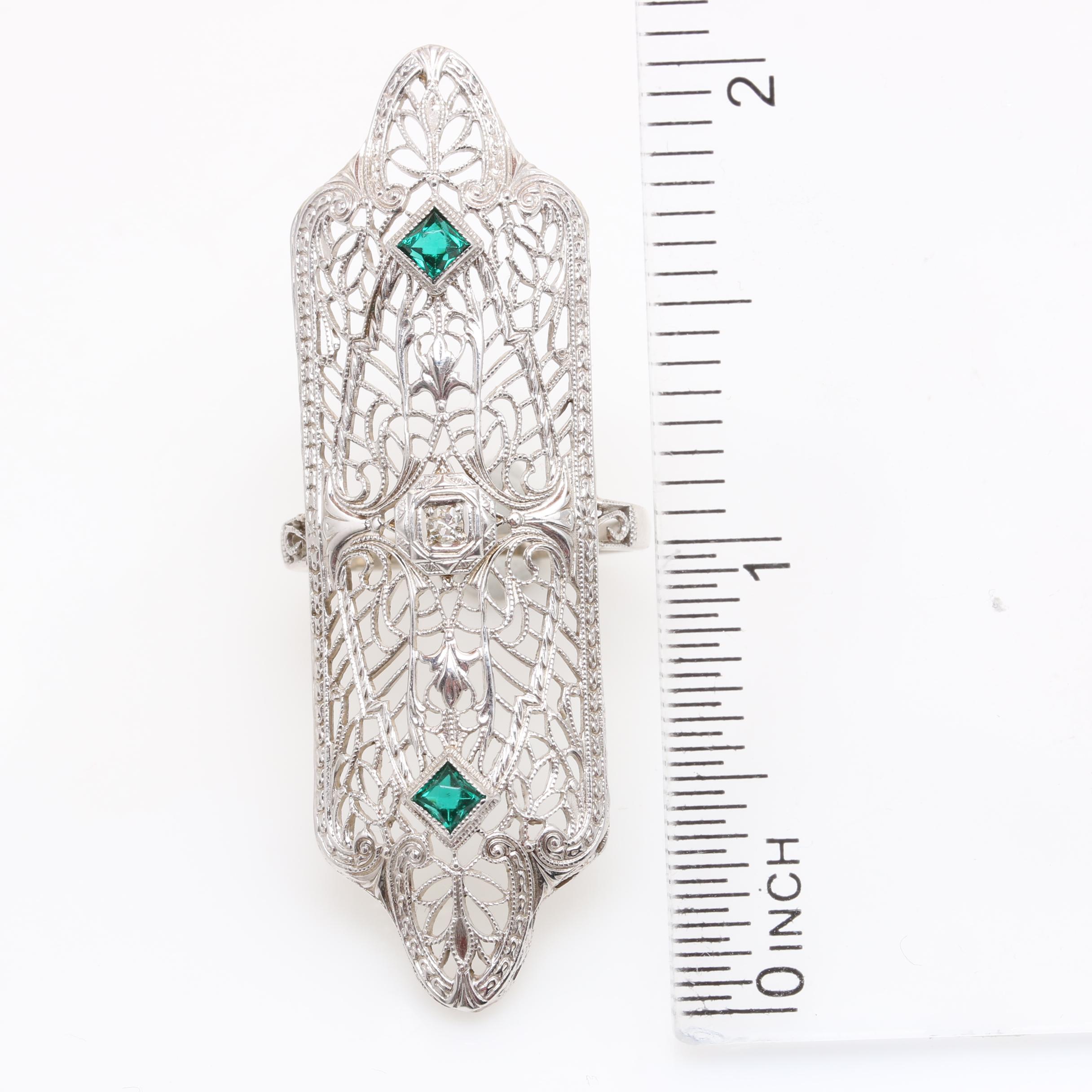 Edwardian 10K and 14K White Gold Diamond and Green Glass Ring