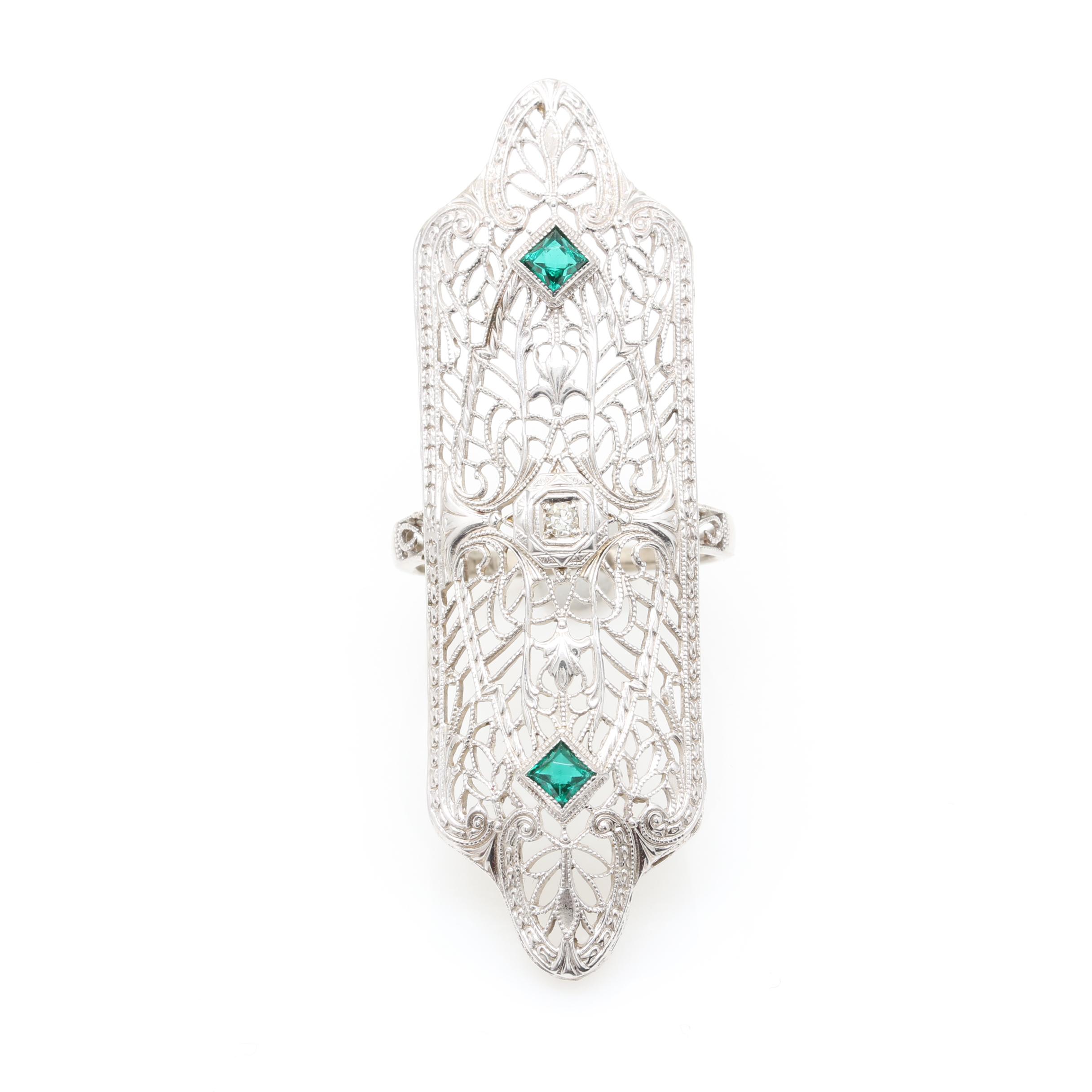 Edwardian 10K and 14K White Gold Diamond and Green Glass Ring