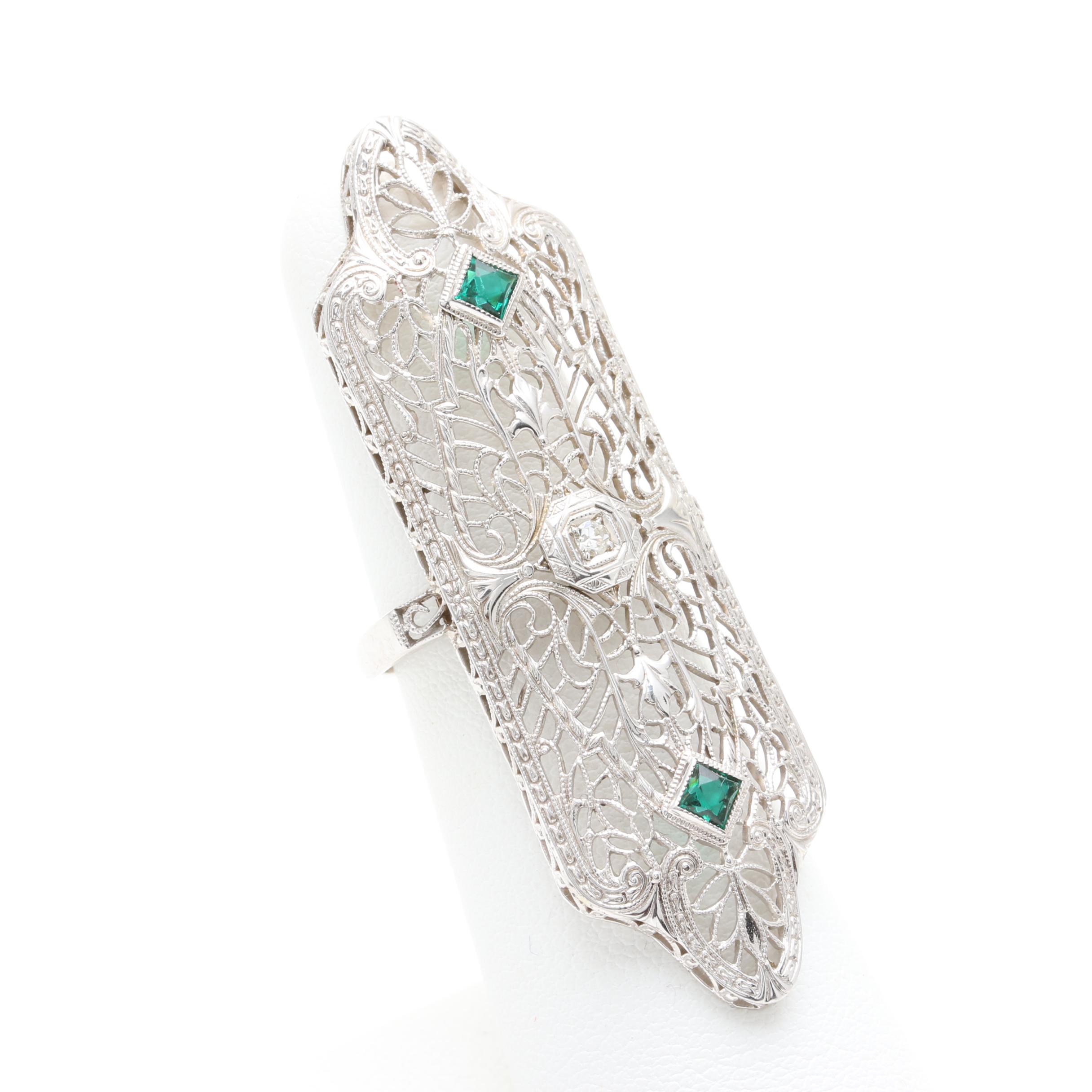 Edwardian 10K and 14K White Gold Diamond and Green Glass Ring