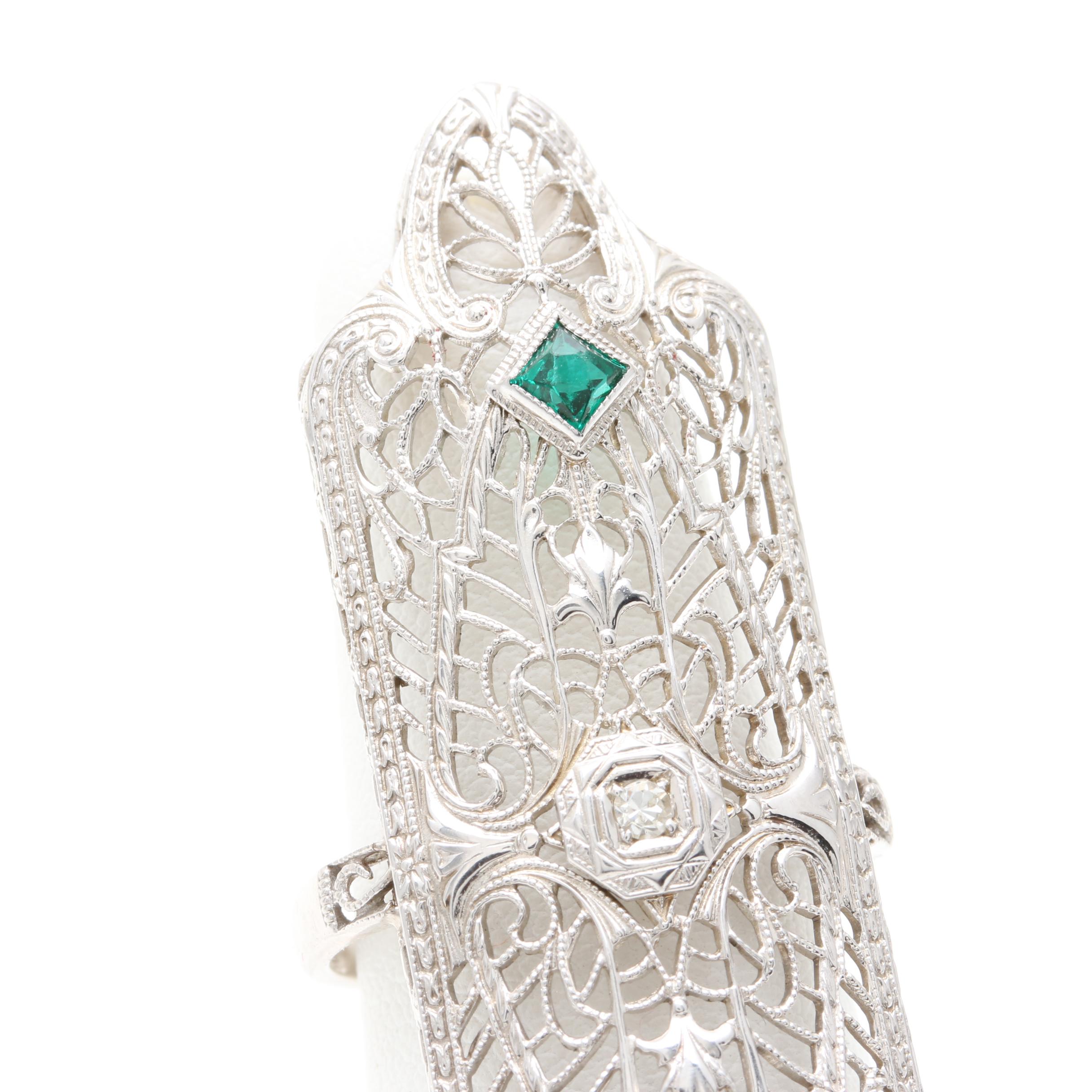 Edwardian 10K and 14K White Gold Diamond and Green Glass Ring