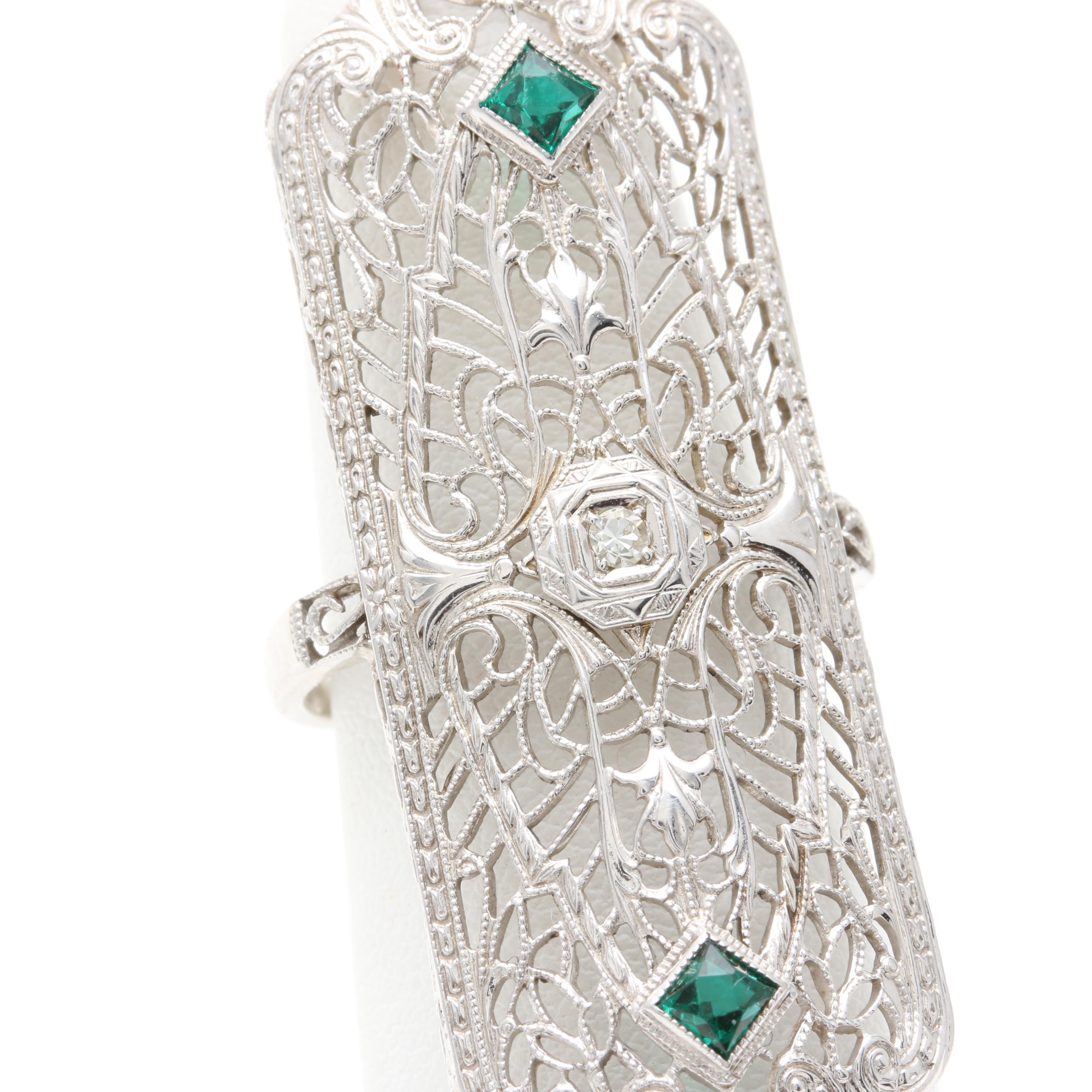 Edwardian 10K and 14K White Gold Diamond and Green Glass Ring