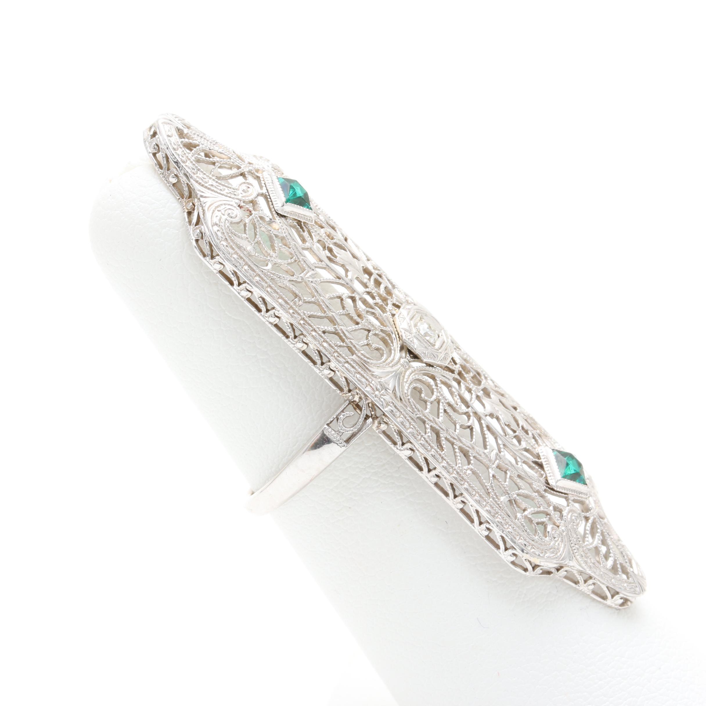 Edwardian 10K and 14K White Gold Diamond and Green Glass Ring