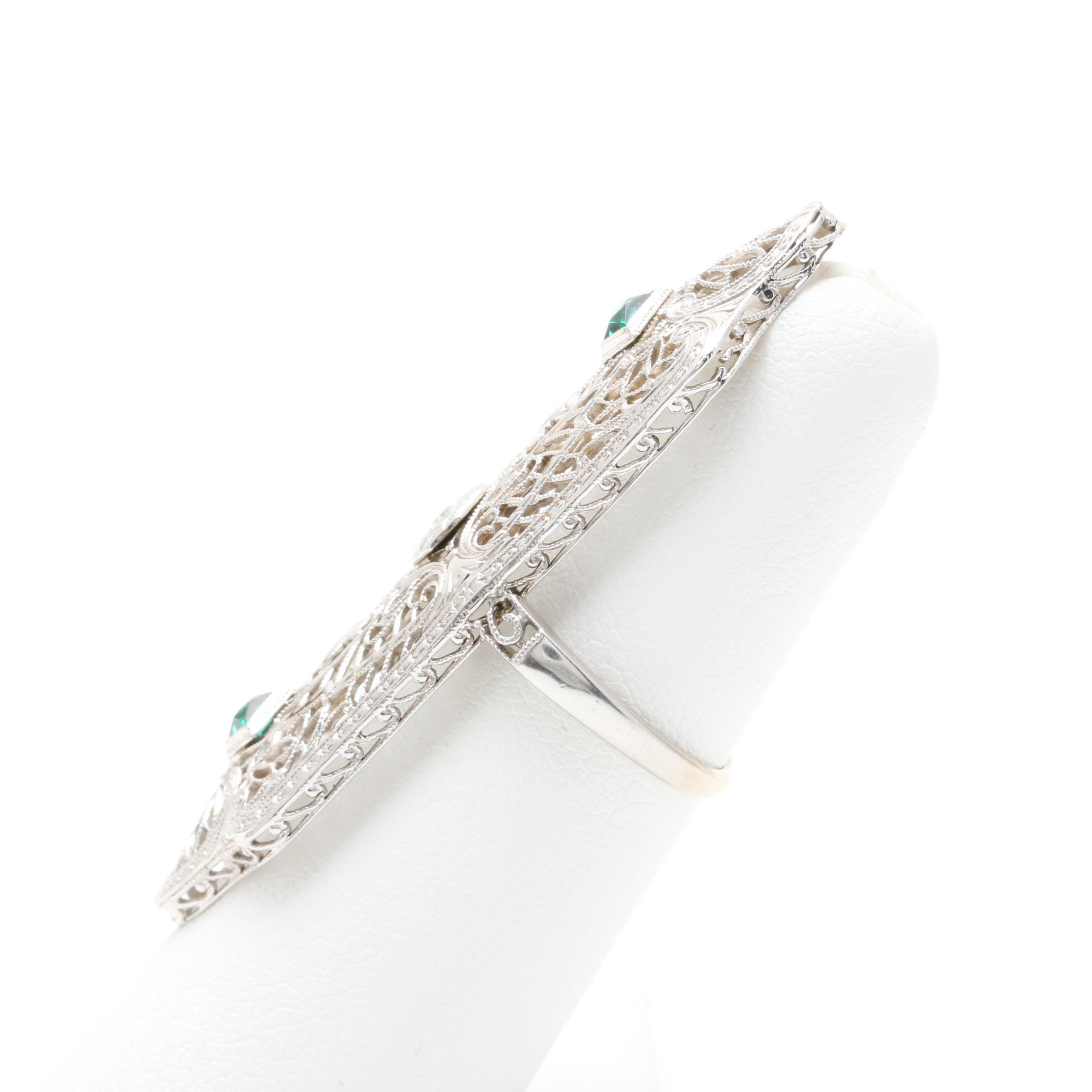 Edwardian 10K and 14K White Gold Diamond and Green Glass Ring