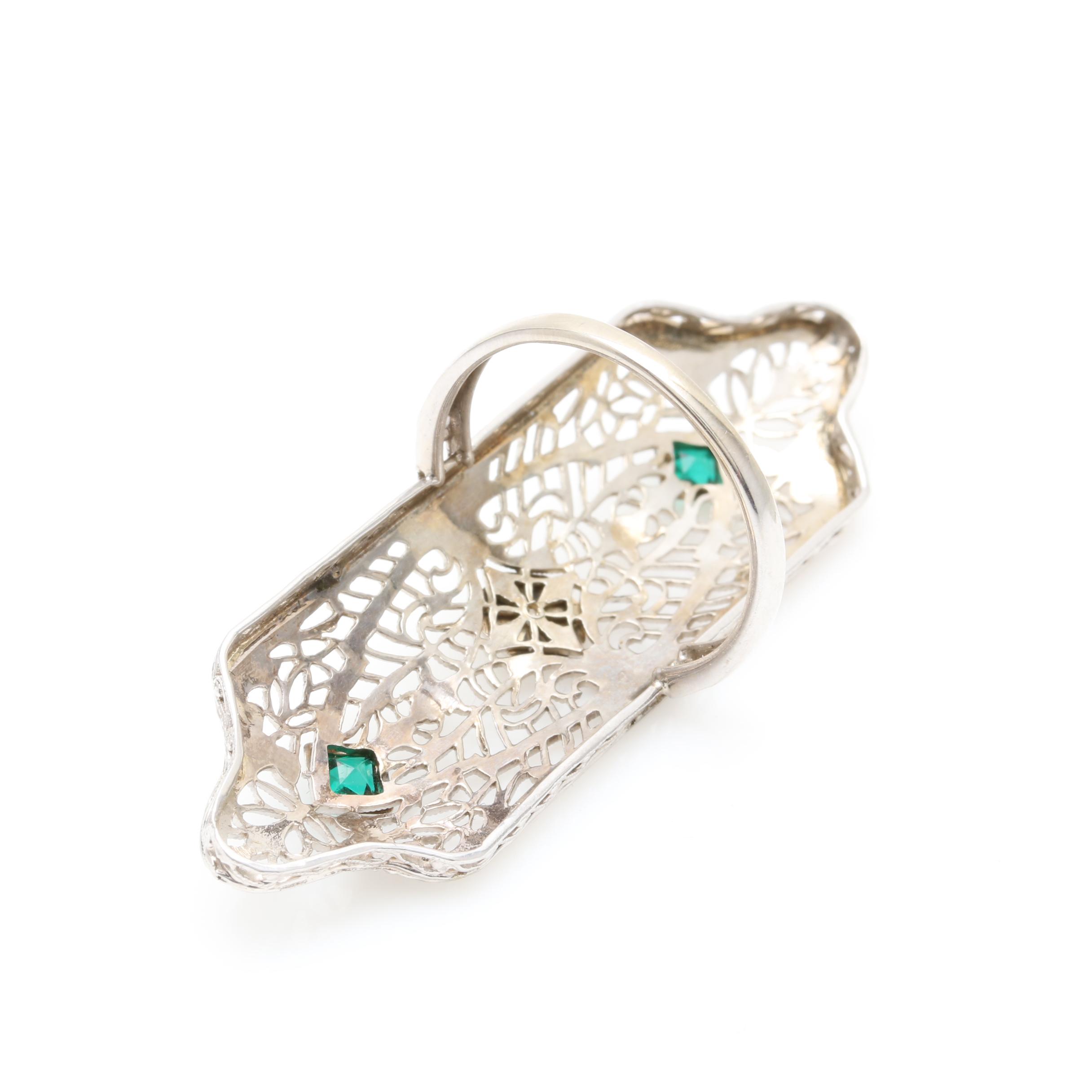 Edwardian 10K and 14K White Gold Diamond and Green Glass Ring