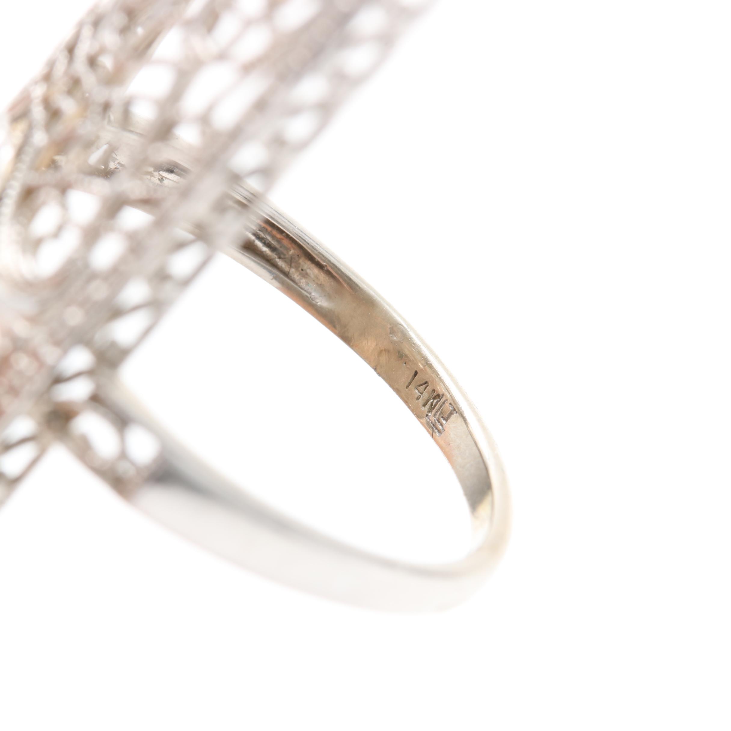 Edwardian 10K and 14K White Gold Diamond and Green Glass Ring