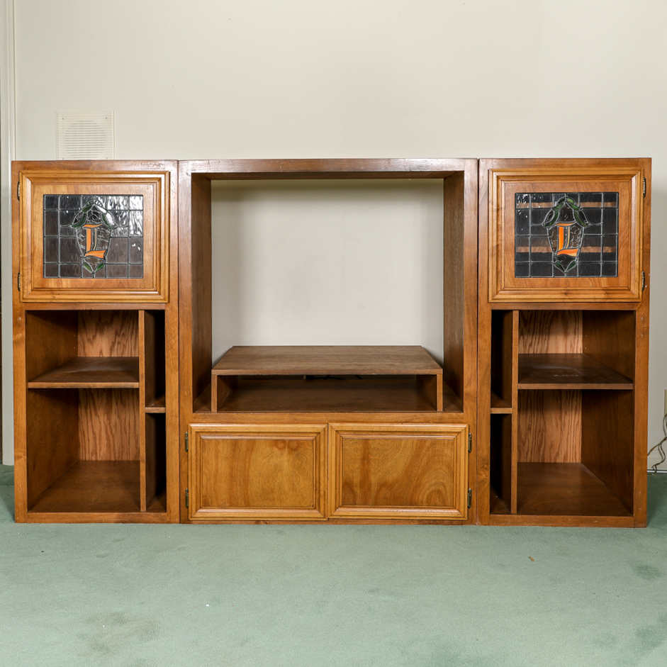 Wood Media Storage Cabinet with Leaded Glass Doors