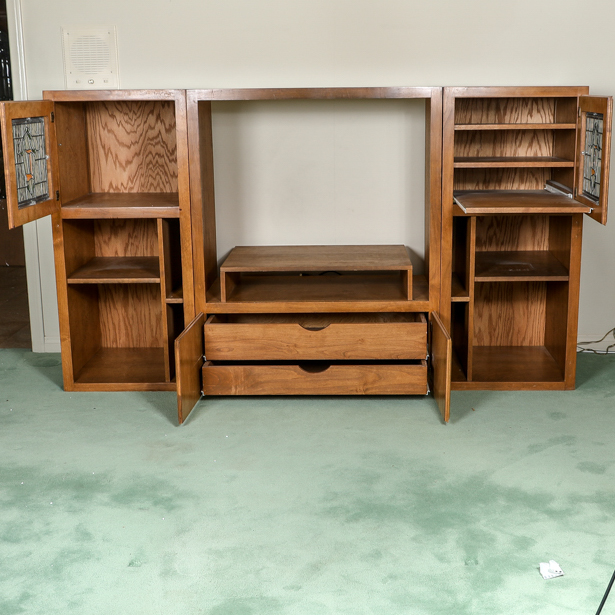 Wood Media Storage Cabinet with Leaded Glass Doors