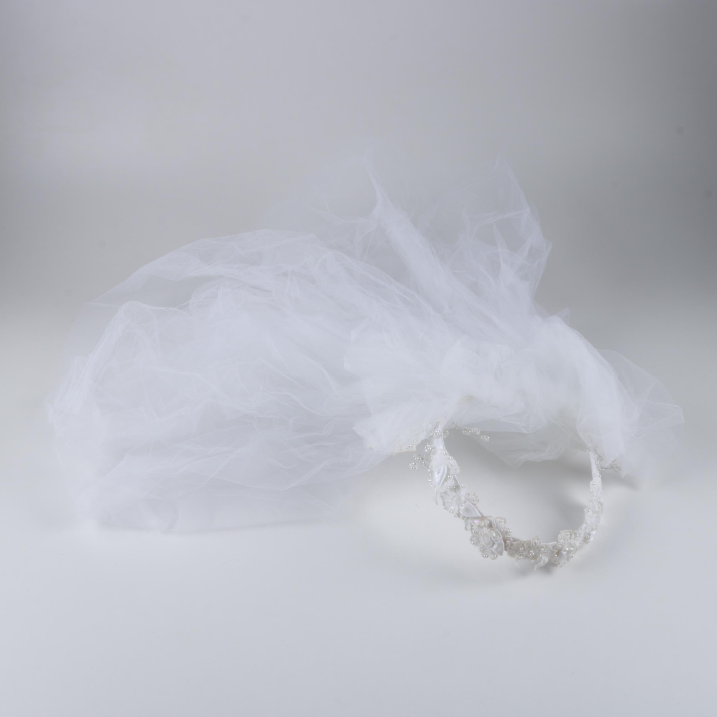 Vintage Basque Waist Wedding Gown with Chapel Train and Headpiece Veil