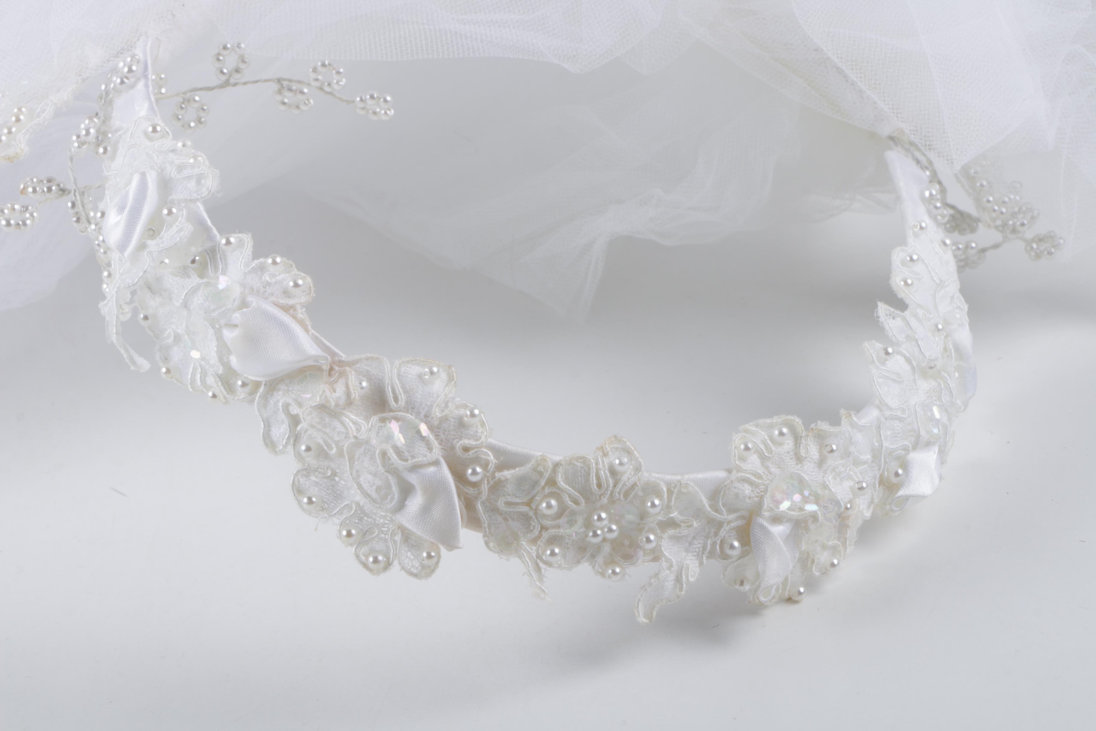 Vintage Basque Waist Wedding Gown with Chapel Train and Headpiece Veil