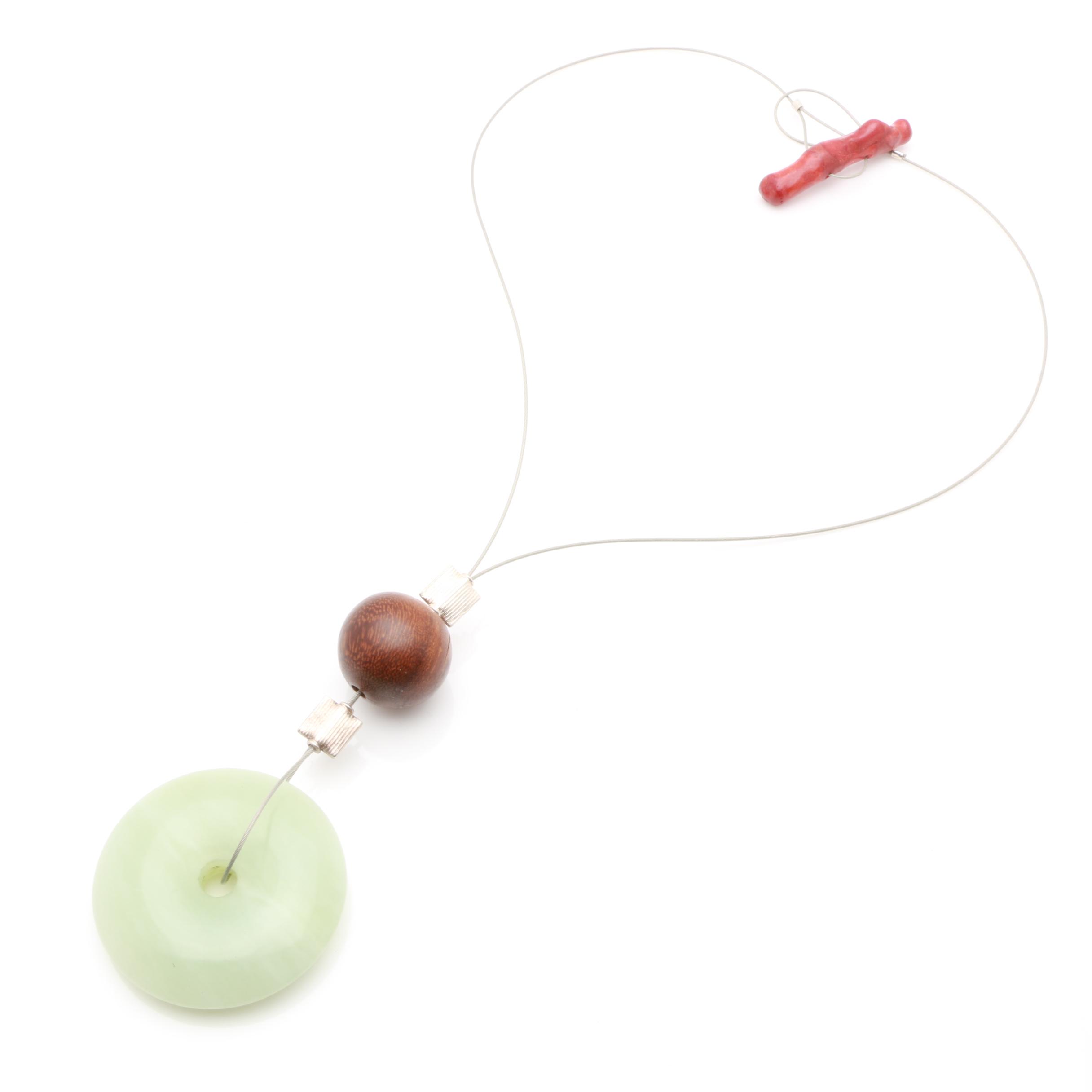 Sterling Silver and Stainless Steel Bowenite, Wood and Coral Necklace