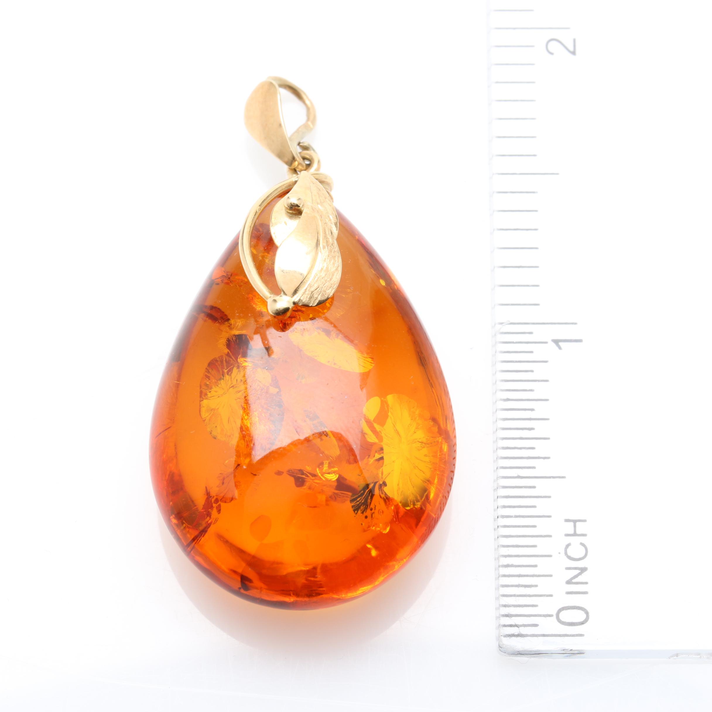 14K Yellow Gold Amber Pear Drop Pendant