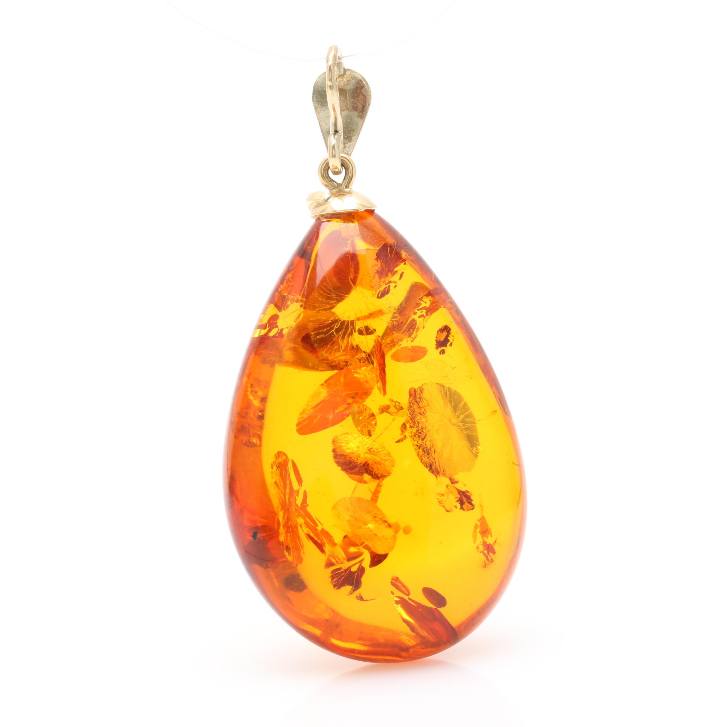 14K Yellow Gold Amber Pear Drop Pendant
