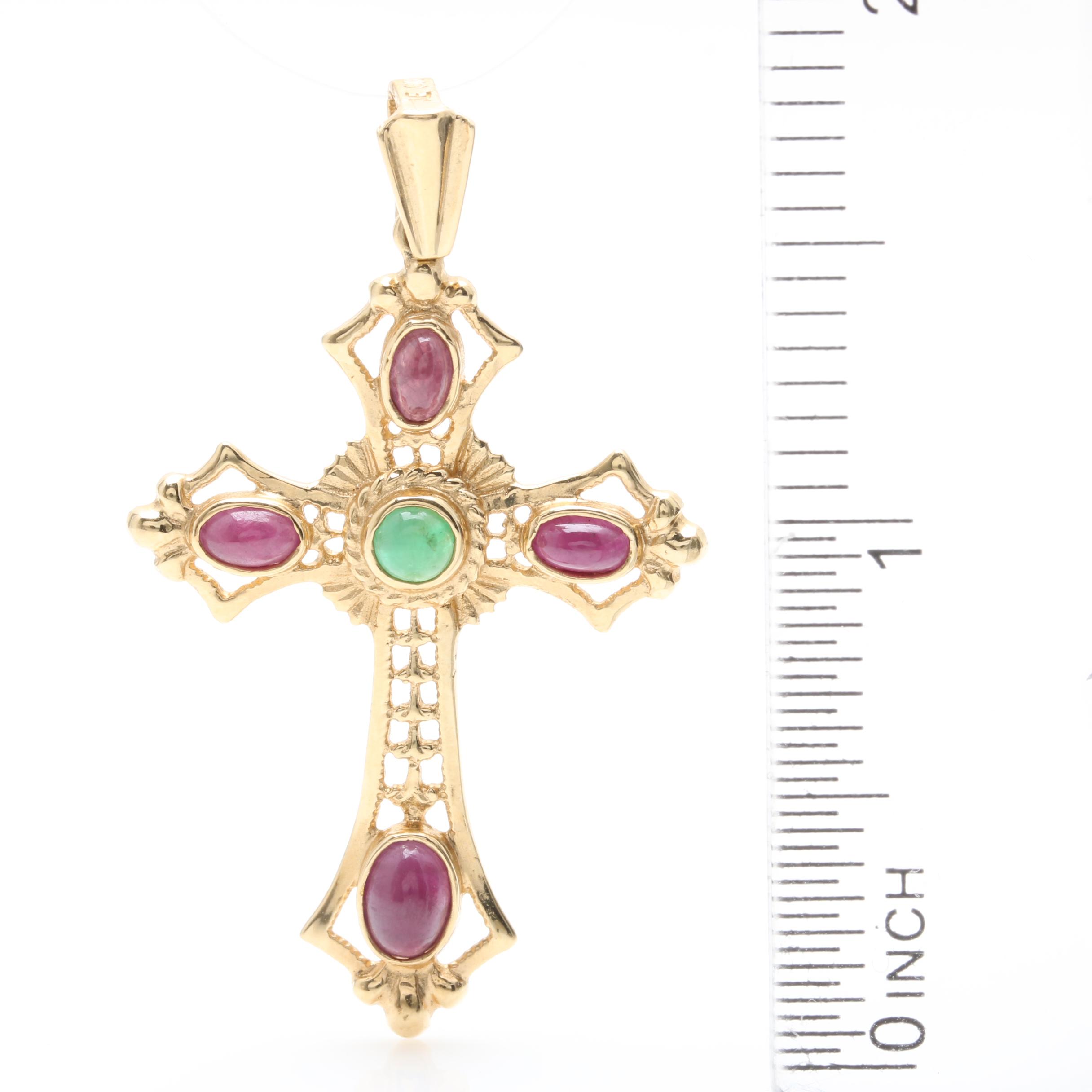14K Yellow Gold Emerald and Ruby Cross Pendant
