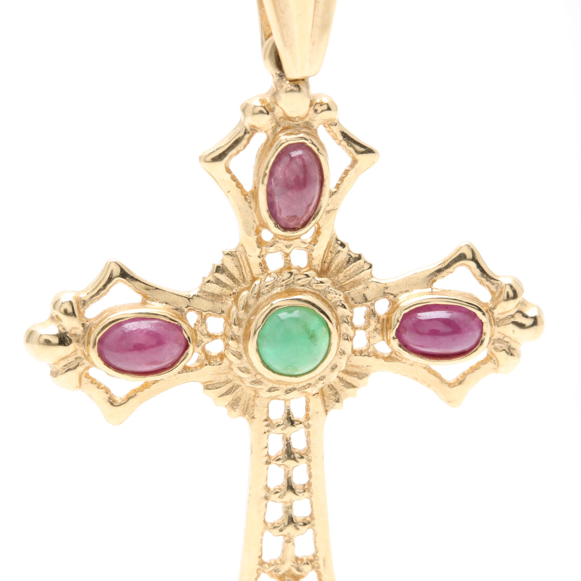 14K Yellow Gold Emerald and Ruby Cross Pendant