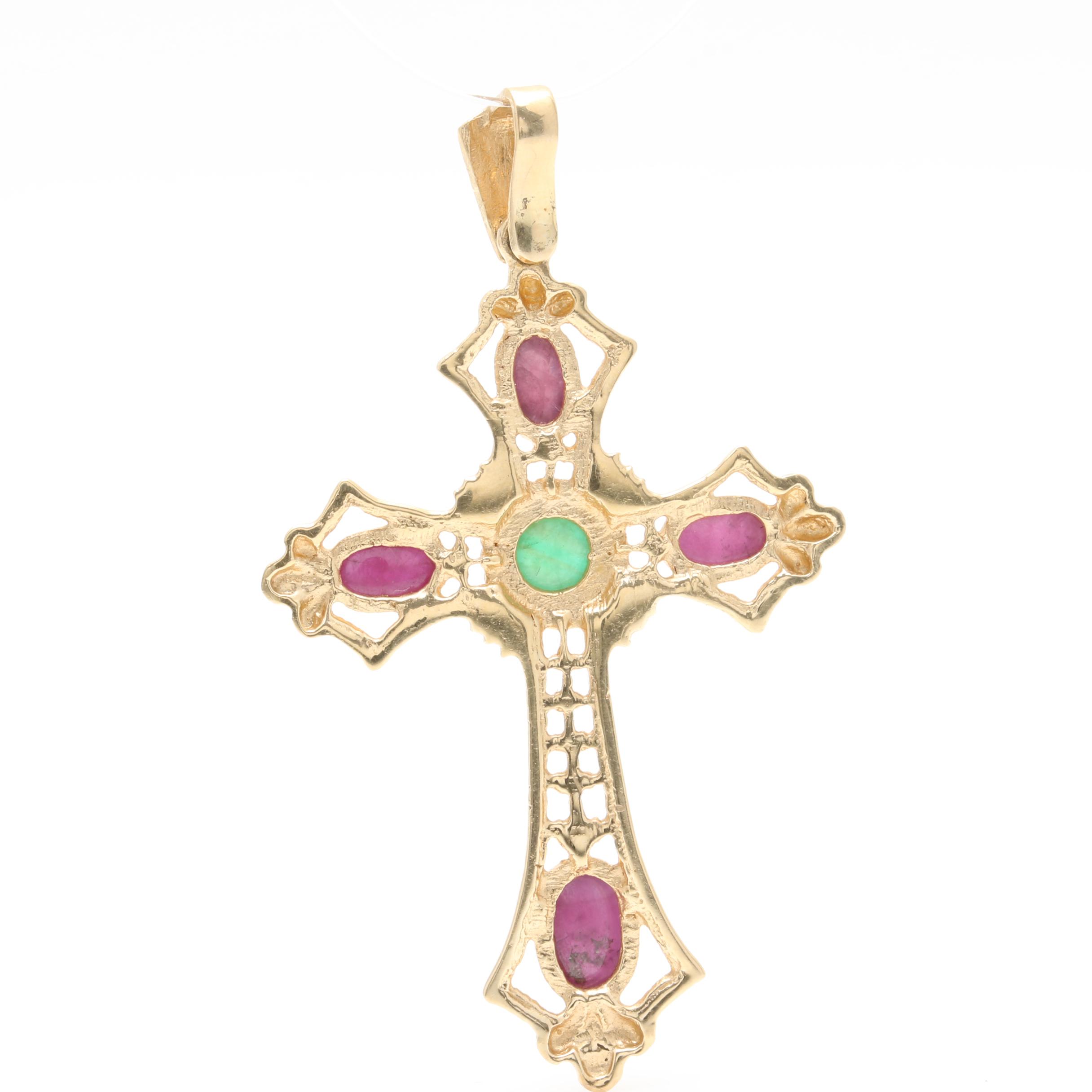 14K Yellow Gold Emerald and Ruby Cross Pendant