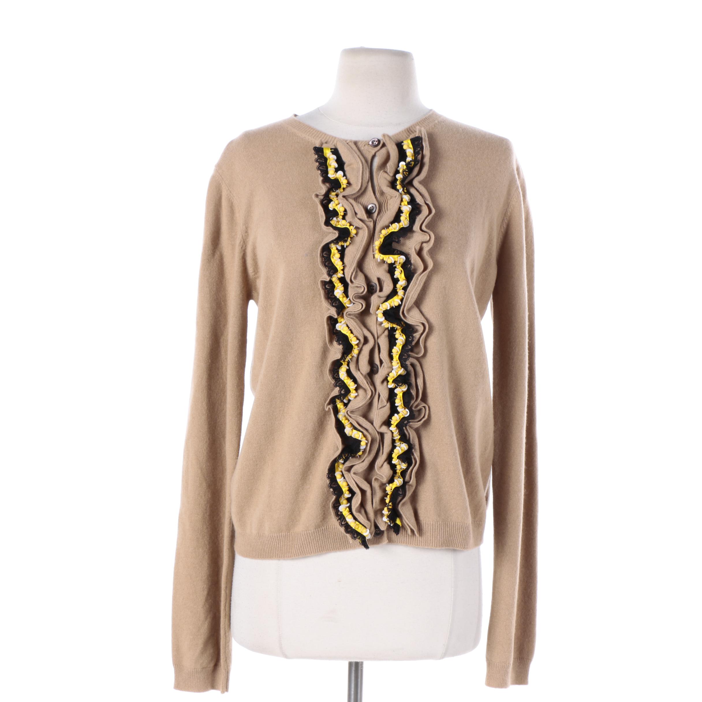 Prada Tan Cashmere Cardigan with Yellow and Black Embellishment