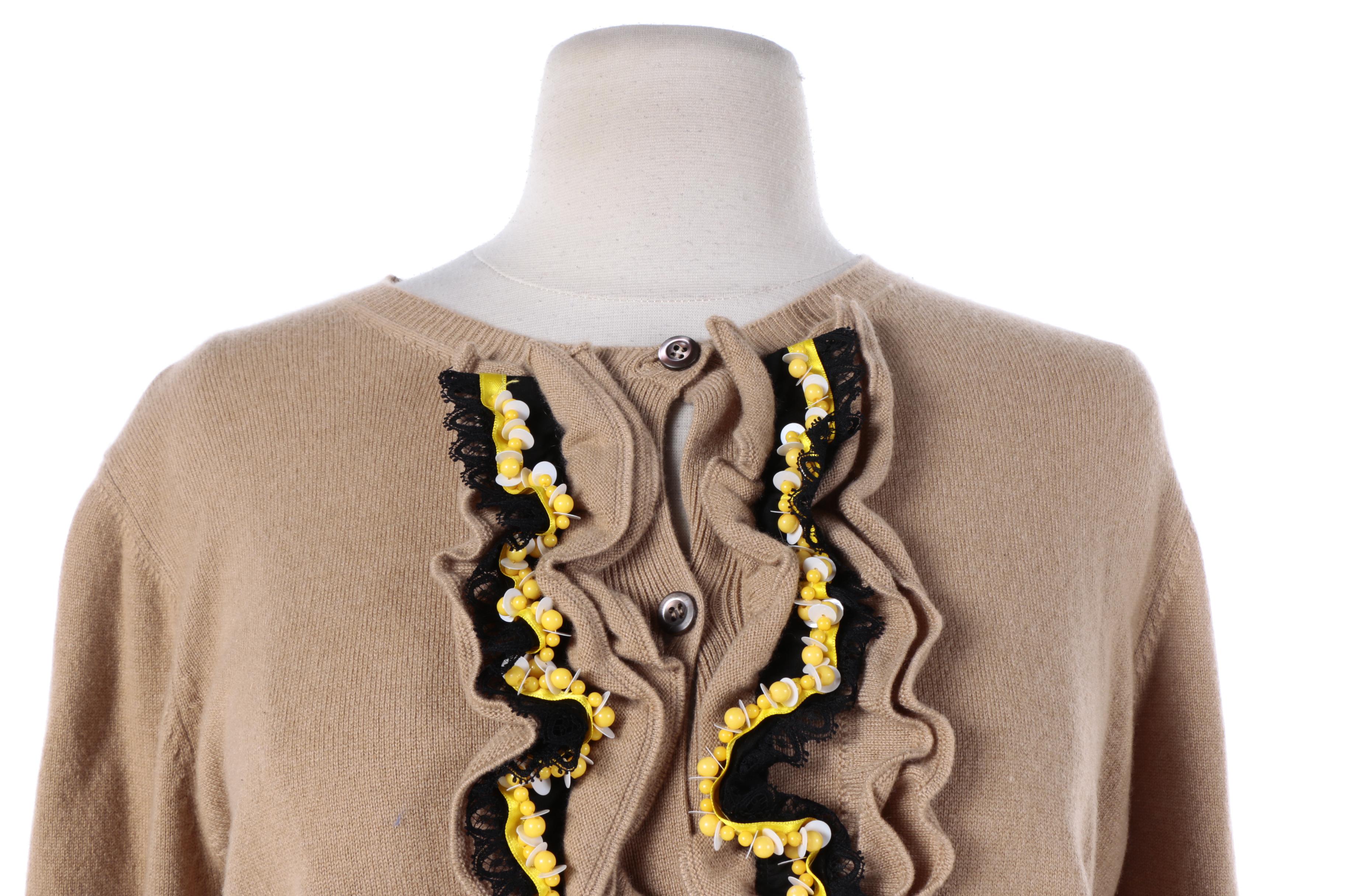 Prada Tan Cashmere Cardigan with Yellow and Black Embellishment