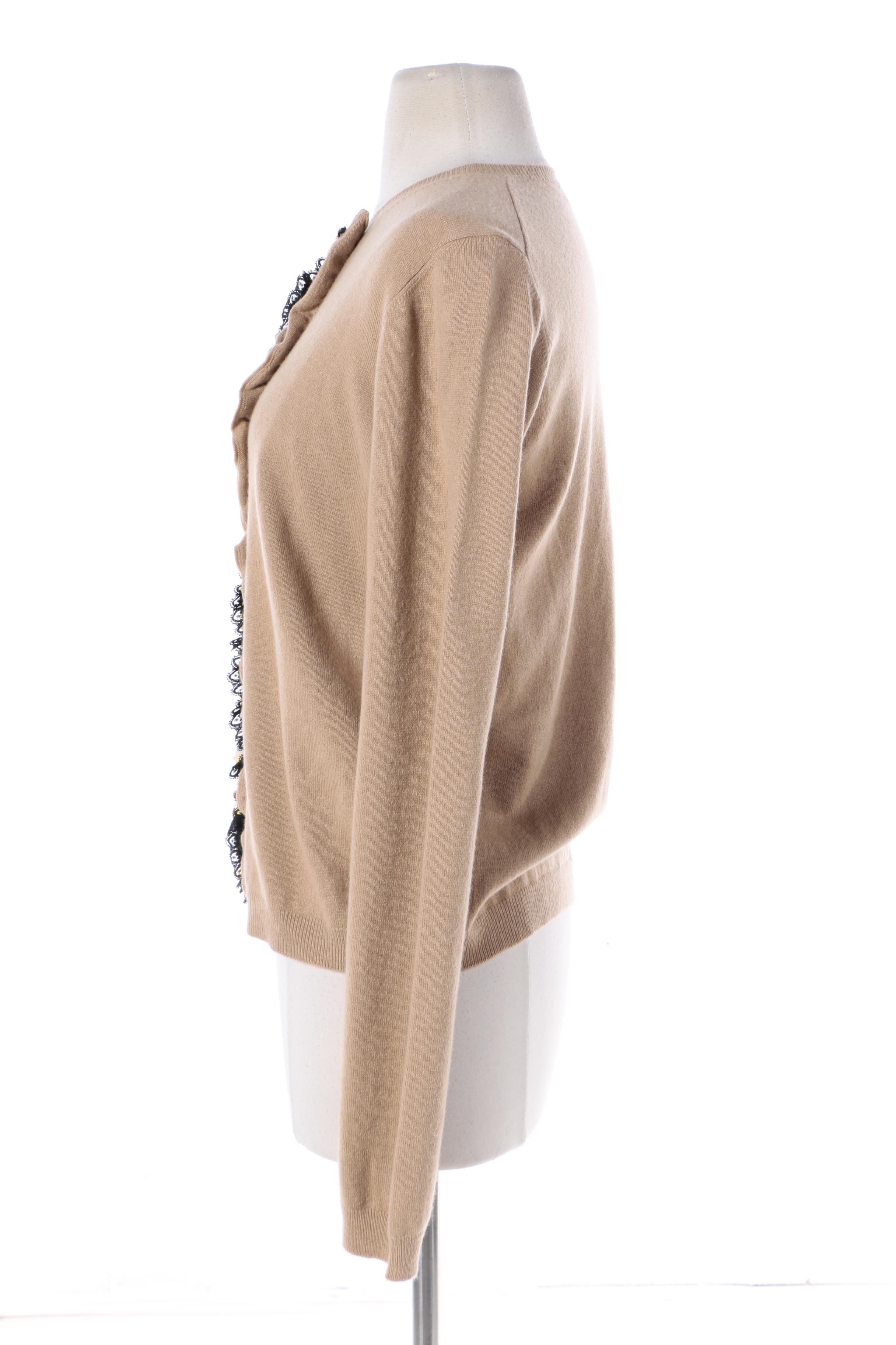 Prada Tan Cashmere Cardigan with Yellow and Black Embellishment