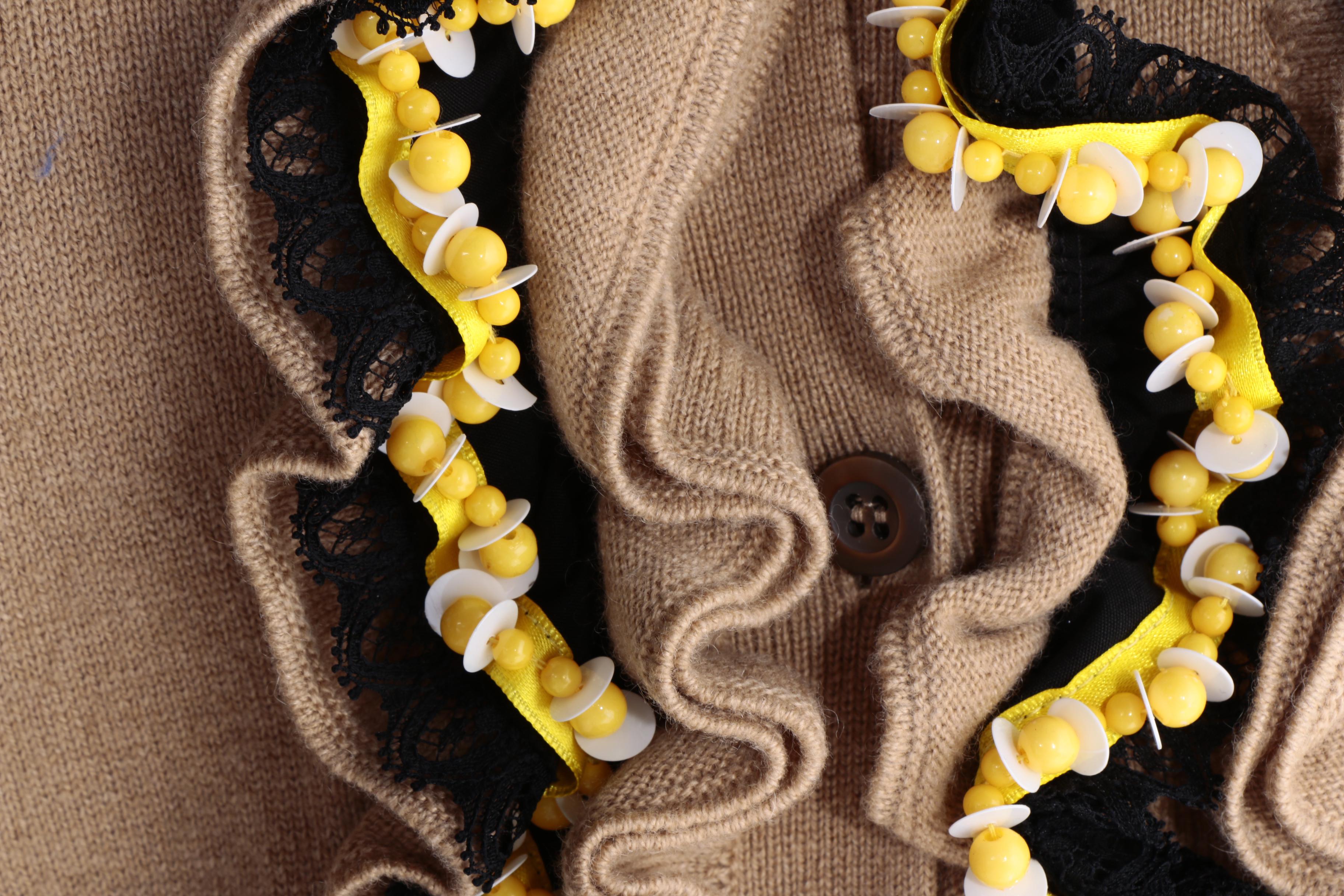 Prada Tan Cashmere Cardigan with Yellow and Black Embellishment