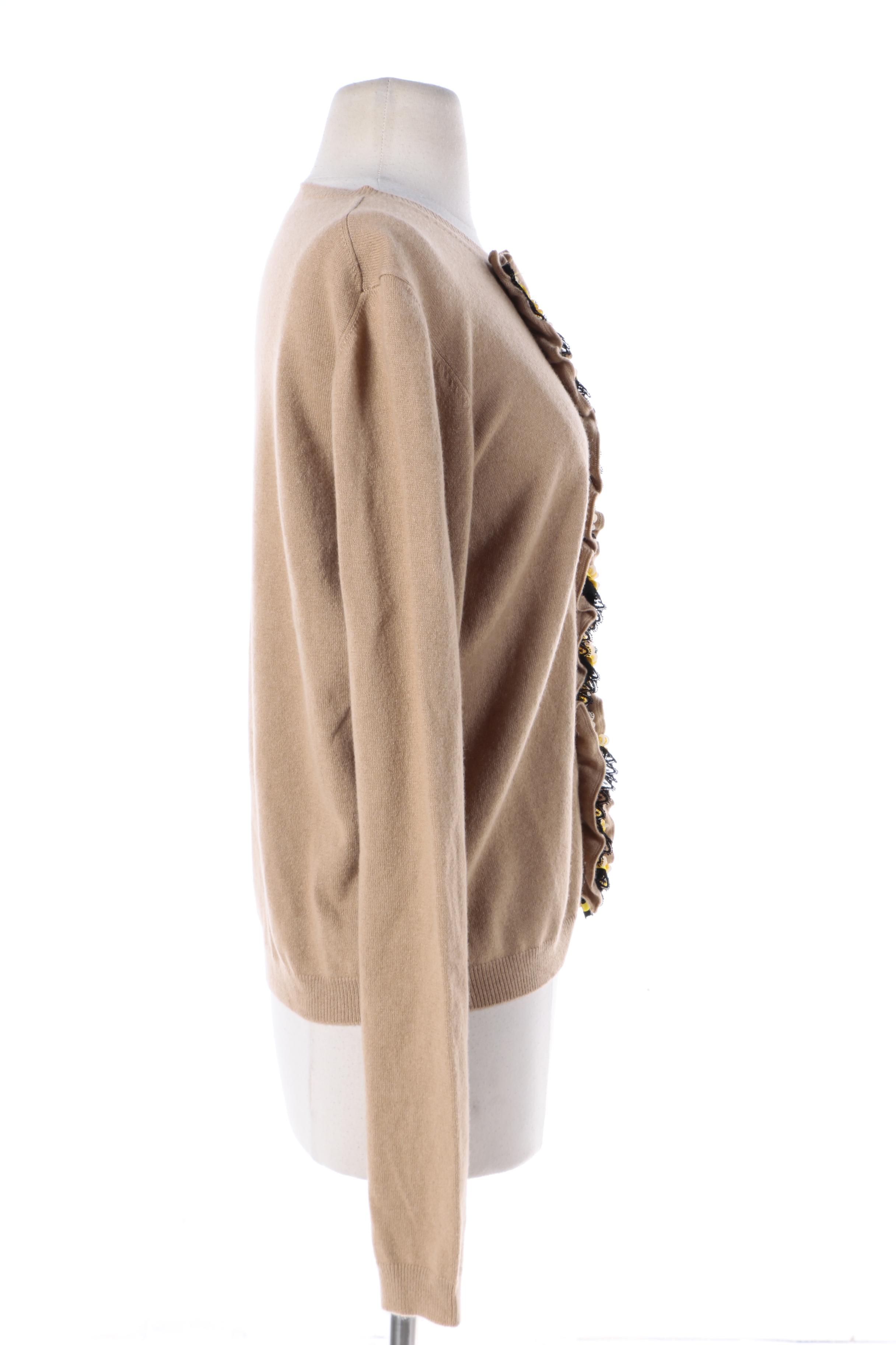 Prada Tan Cashmere Cardigan with Yellow and Black Embellishment
