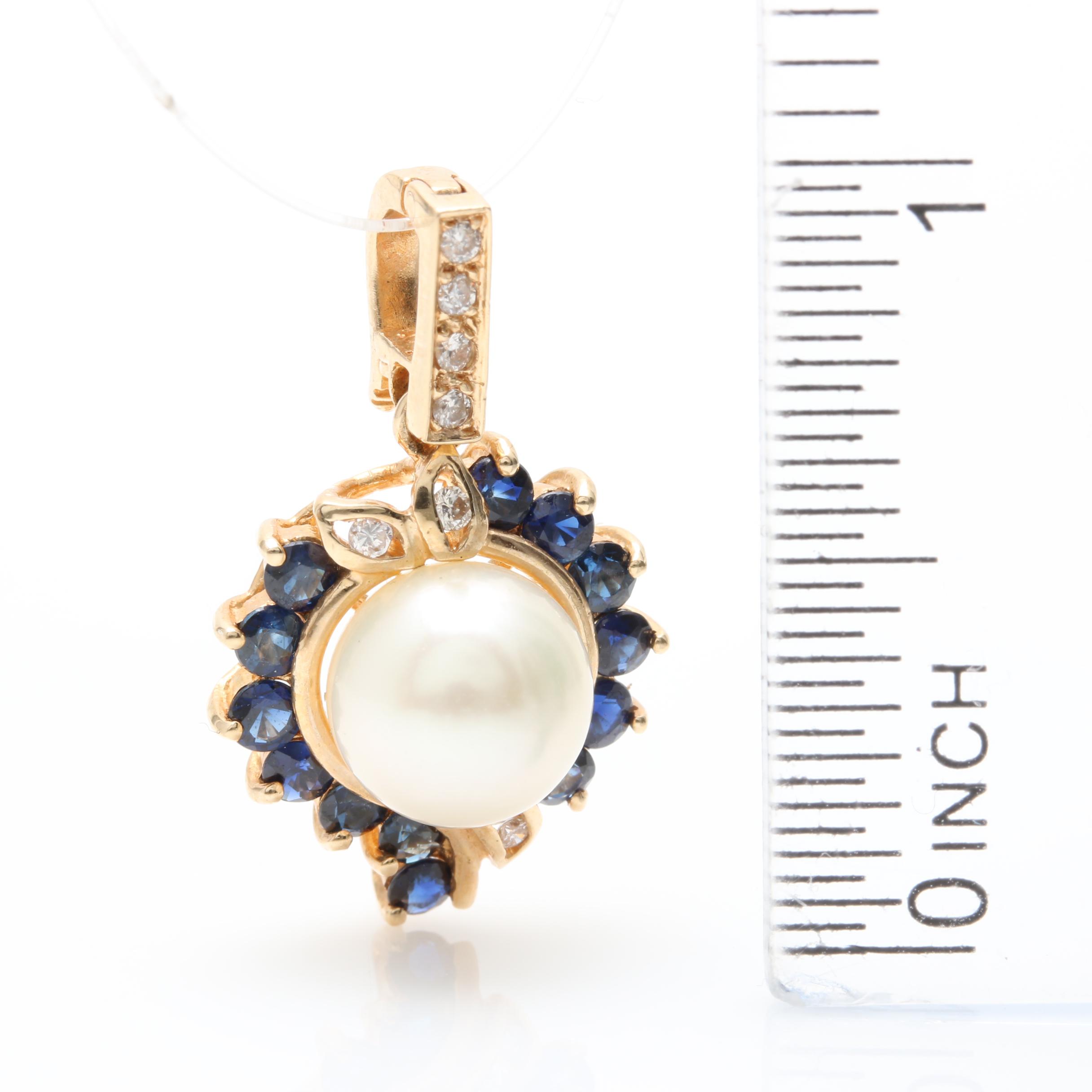 14K Yellow Gold Cultured Pearl, Blue Sapphire, and Diamond Pendant