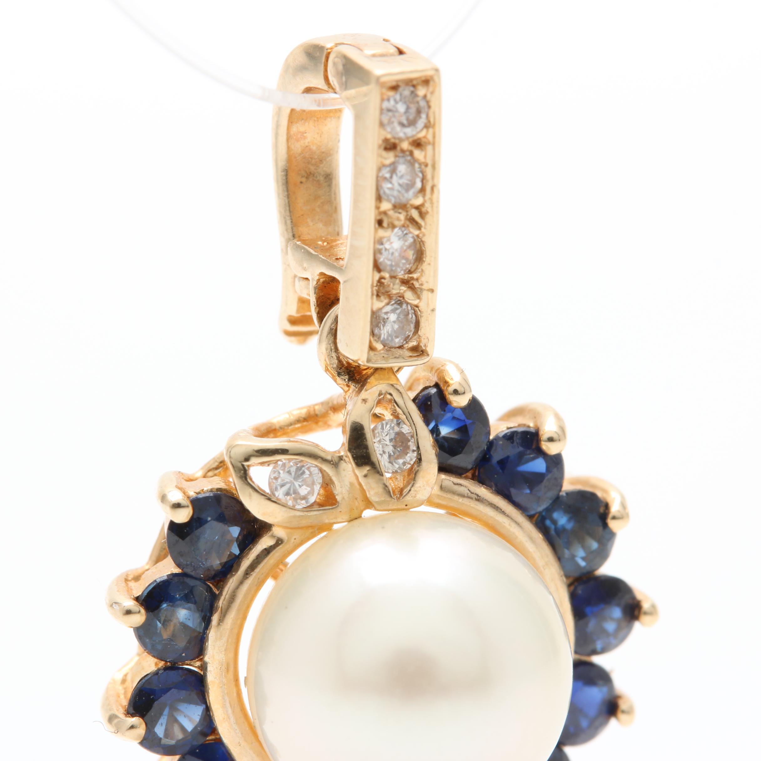 14K Yellow Gold Cultured Pearl, Blue Sapphire, and Diamond Pendant