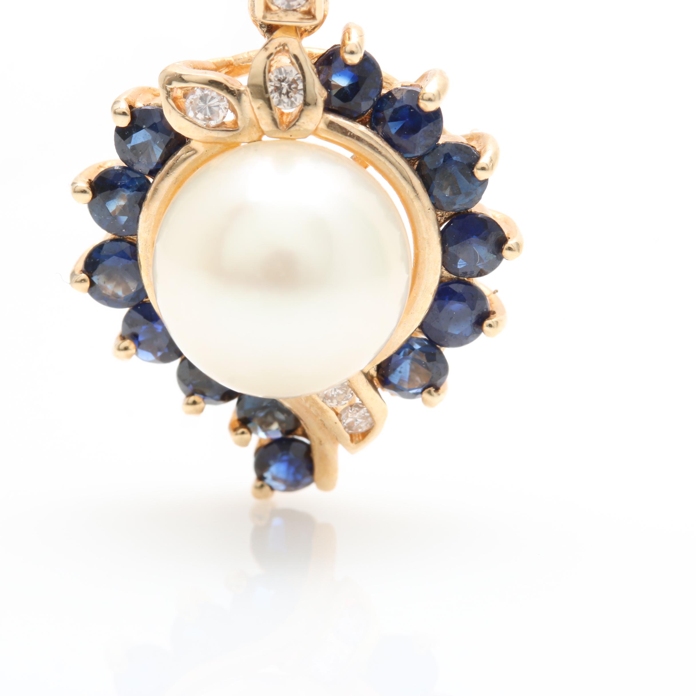 14K Yellow Gold Cultured Pearl, Blue Sapphire, and Diamond Pendant