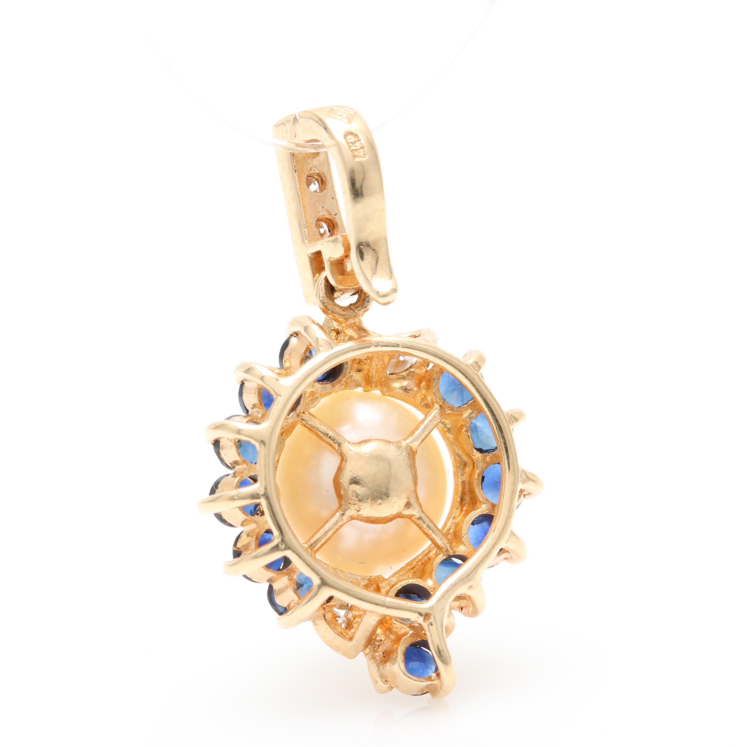 14K Yellow Gold Cultured Pearl, Blue Sapphire, and Diamond Pendant