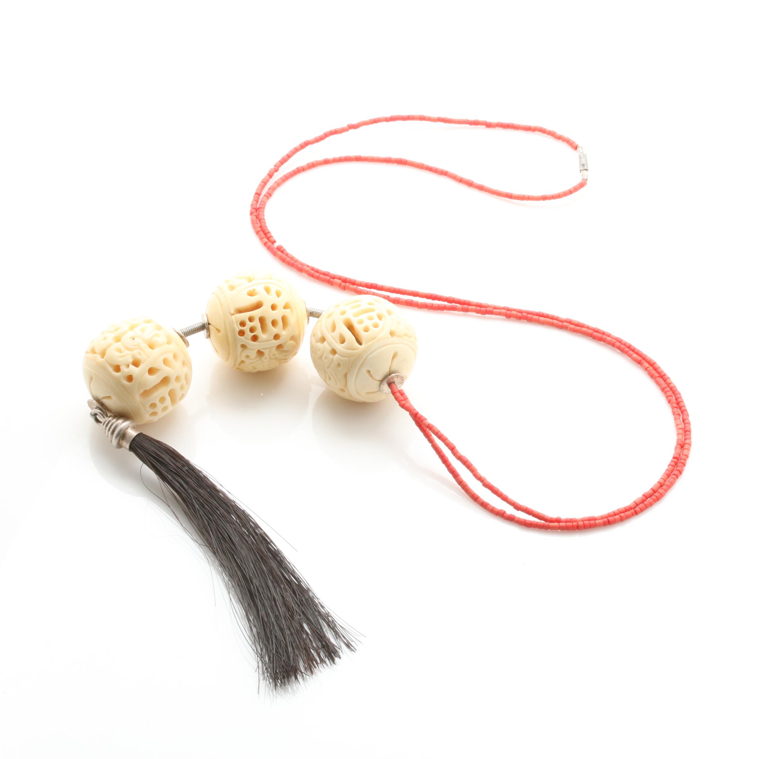 Chinese Sterling Silver Carved Bone Necklace With Horse Hair Tassel