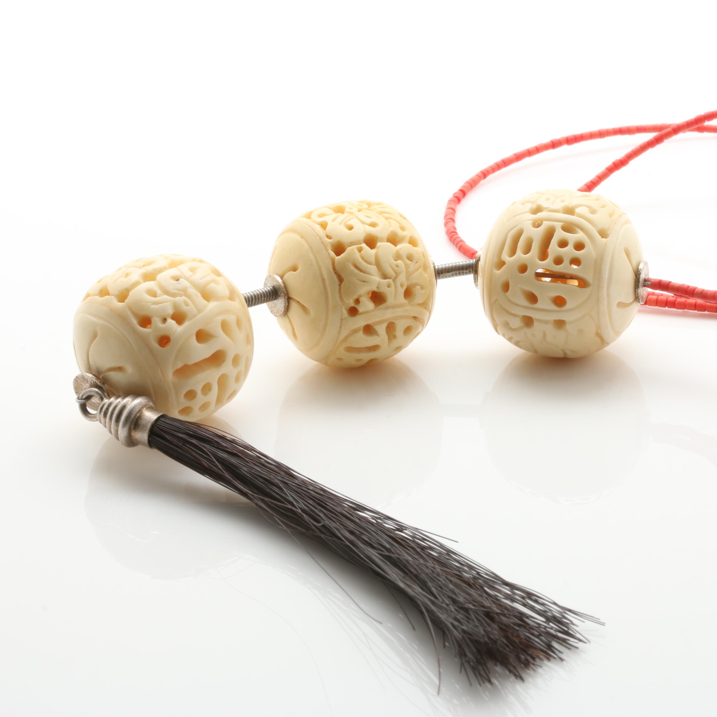 Chinese Sterling Silver Carved Bone Necklace With Horse Hair Tassel