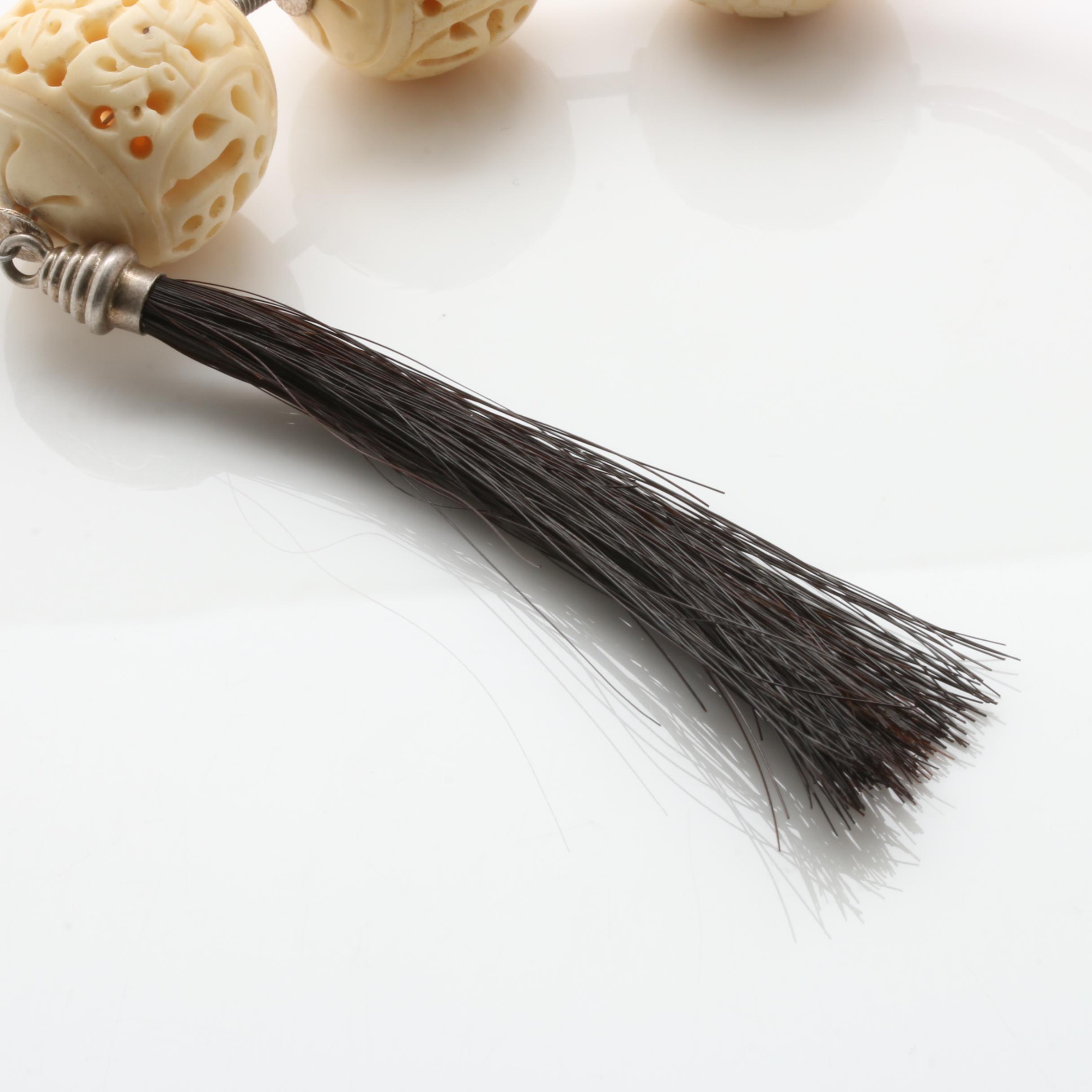 Chinese Sterling Silver Carved Bone Necklace With Horse Hair Tassel