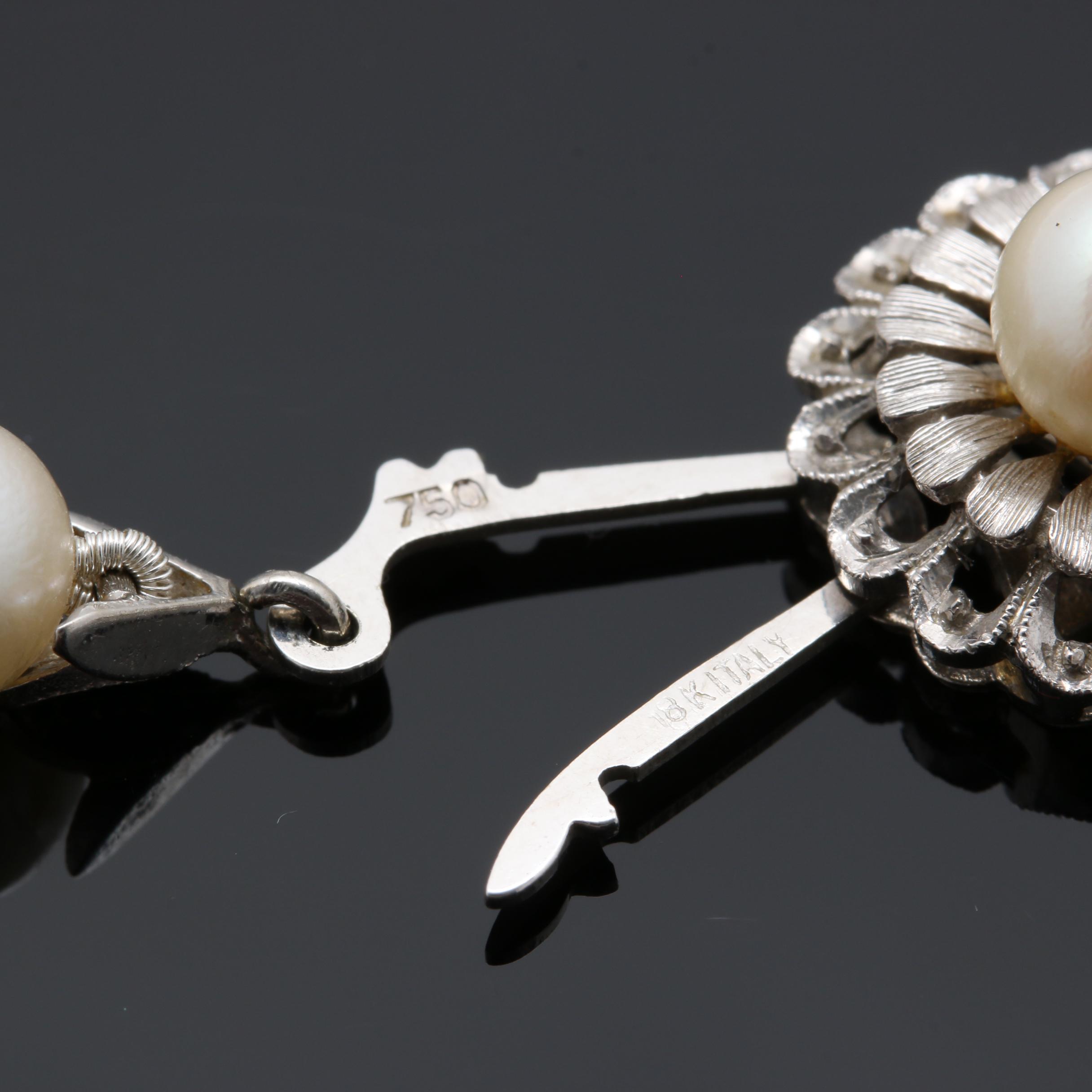 18K White Gold Cultured Pearl Single Strand Necklace with Floral Clasp