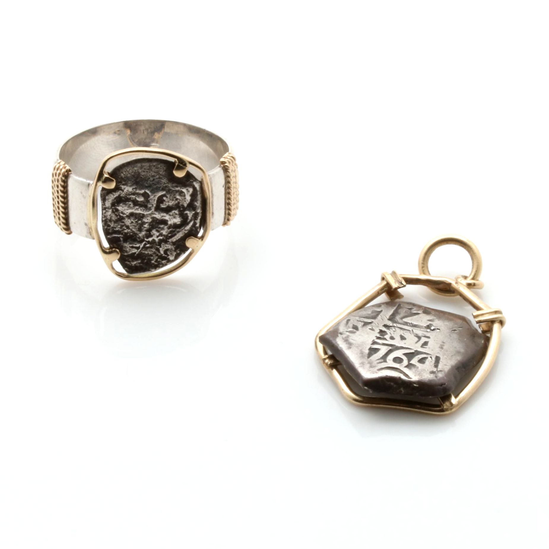 14K Gold and Sterling Silver Spanish Colonial Cob Coin Pendant and Ring