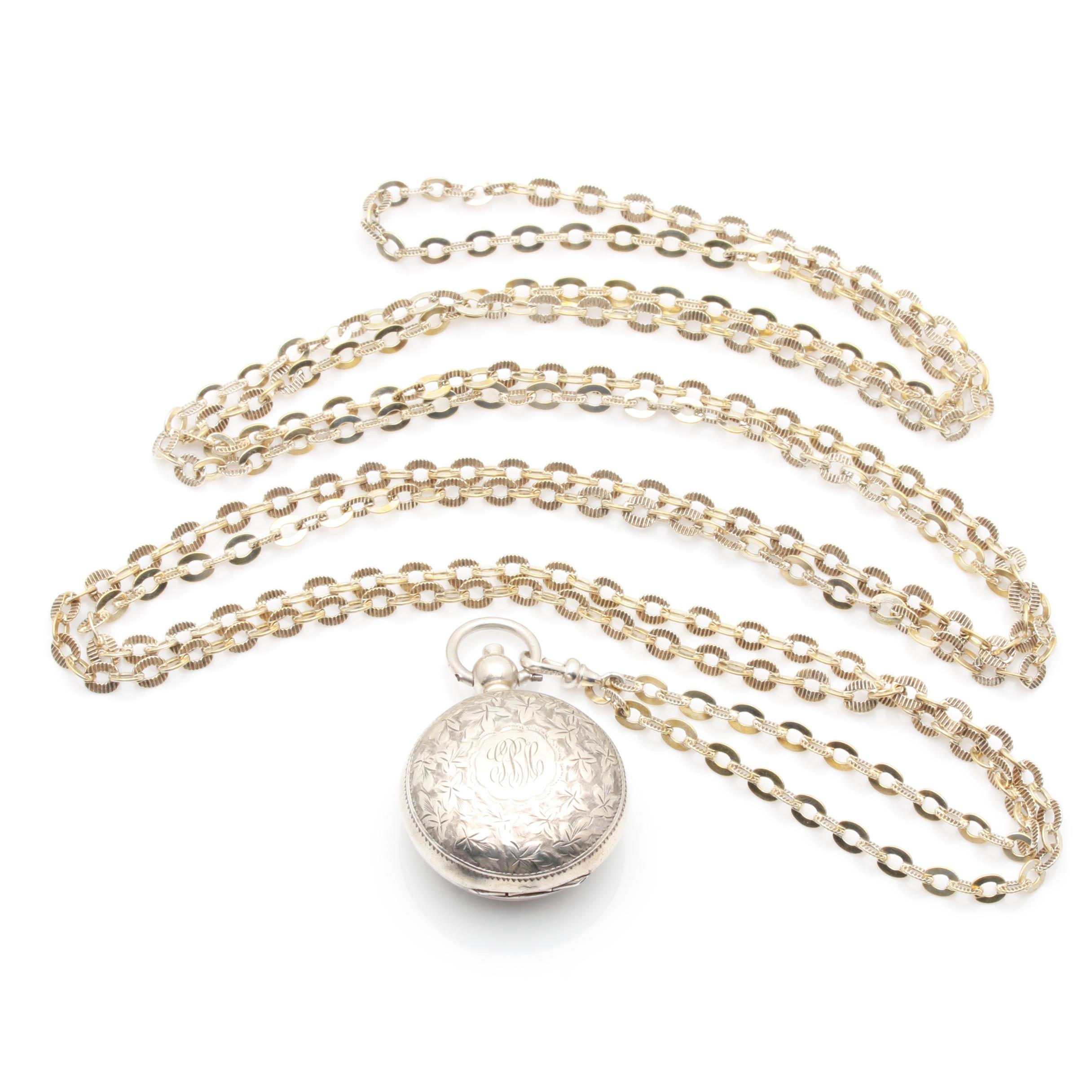 Circa 1906 Sterling Silver Coin Holder Pendant and 800 Silver Fob Chain