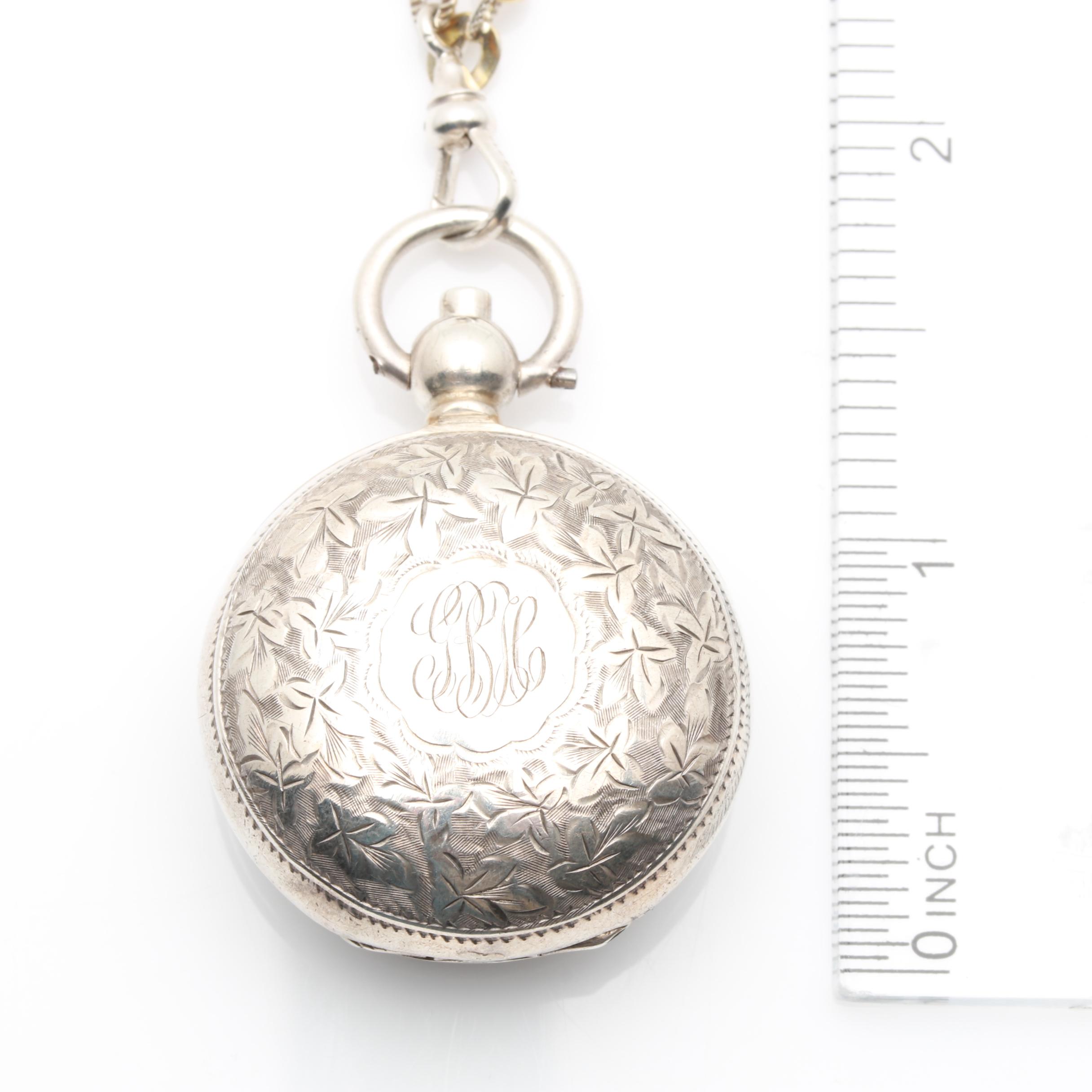 Circa 1906 Sterling Silver Coin Holder Pendant and 800 Silver Fob Chain