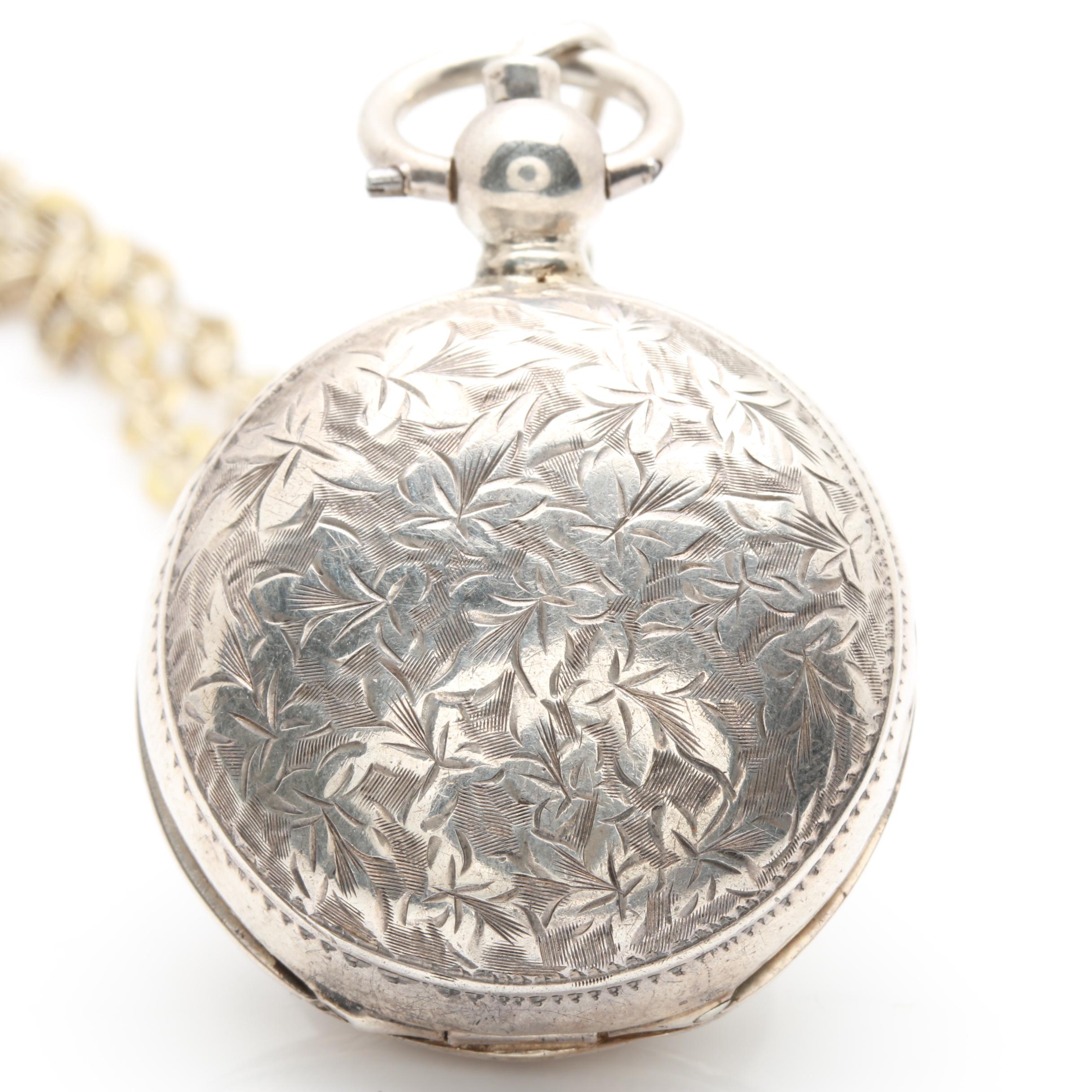 Circa 1906 Sterling Silver Coin Holder Pendant and 800 Silver Fob Chain