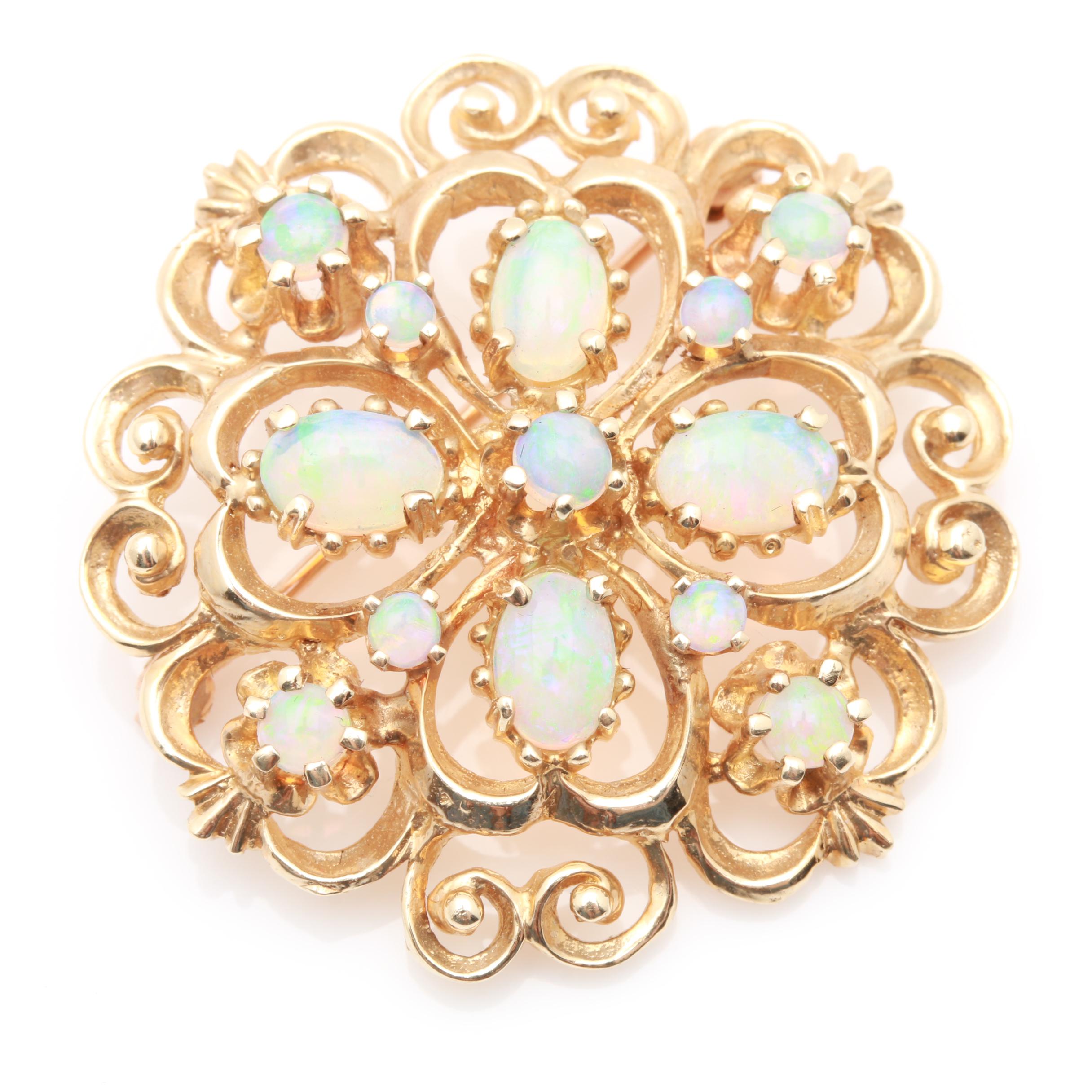 14K Yellow Gold Opal Pendant Brooch
