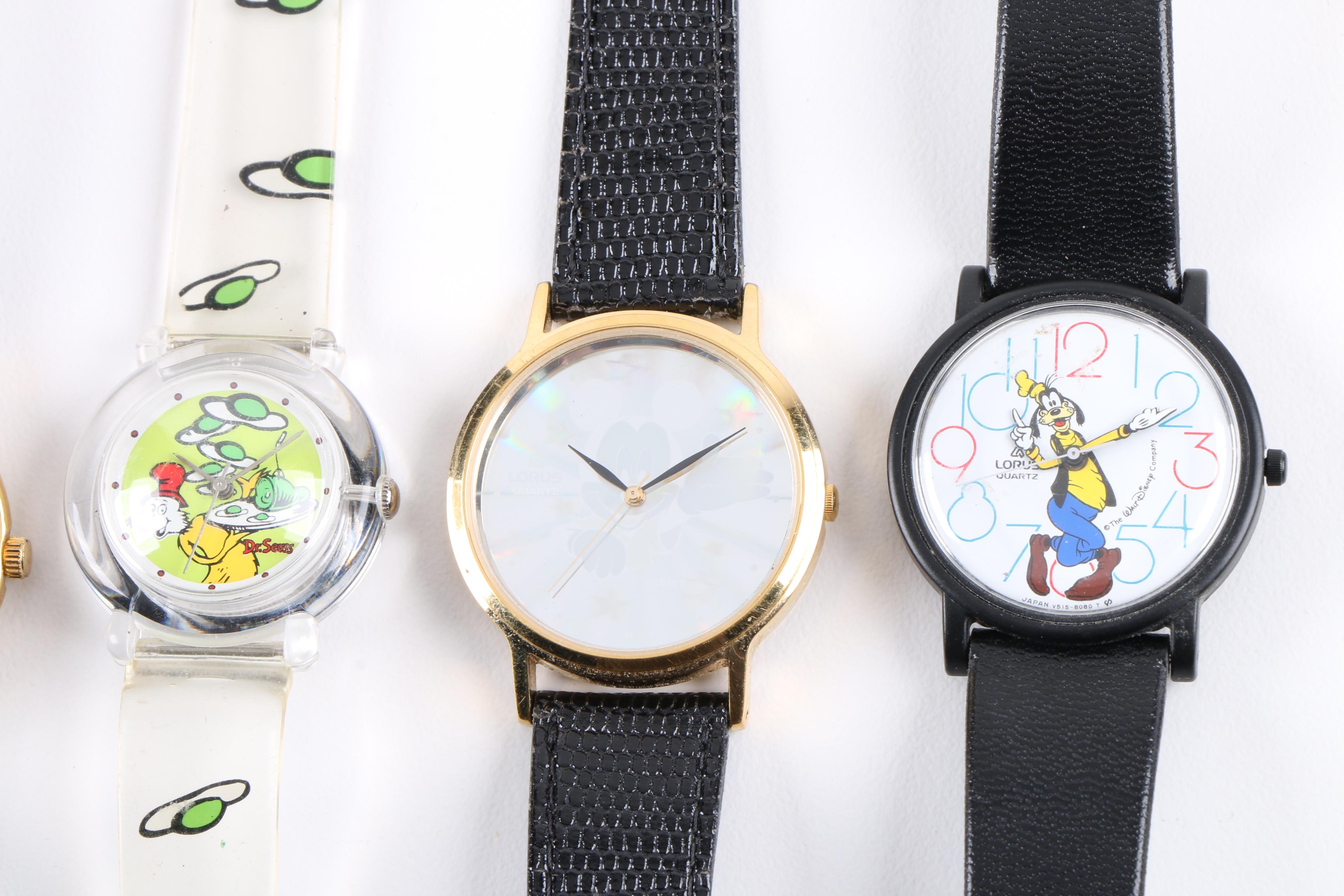 Selection of Disney, Dr. Seuss, and Peanuts Watches and Pocket Watch
