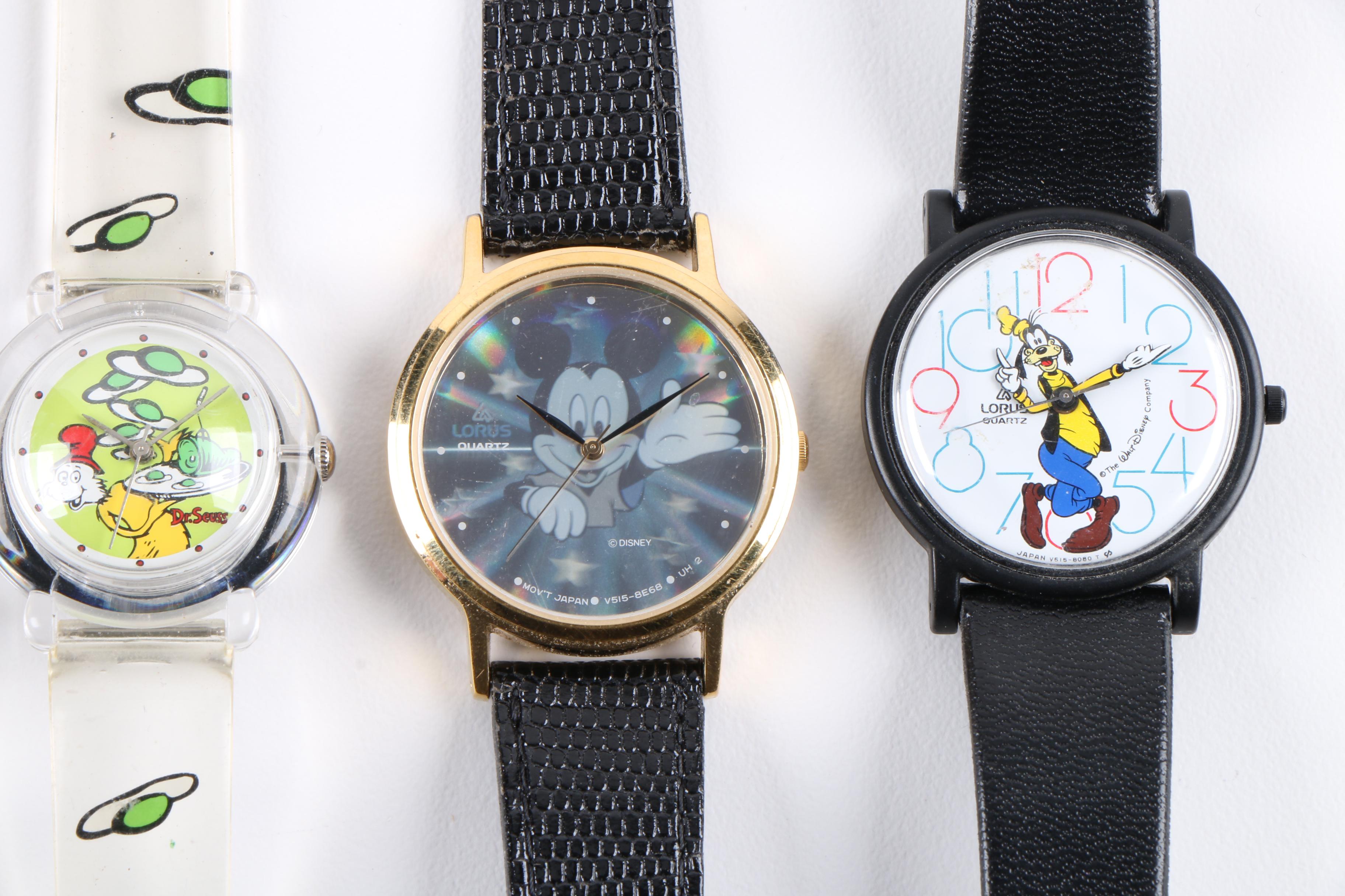 Selection of Disney, Dr. Seuss, and Peanuts Watches and Pocket Watch