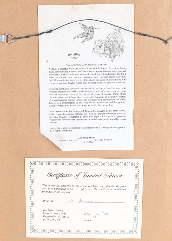 Hand-Colored Limited Edition Etchings Of Hummingbirds by Jan Mintz