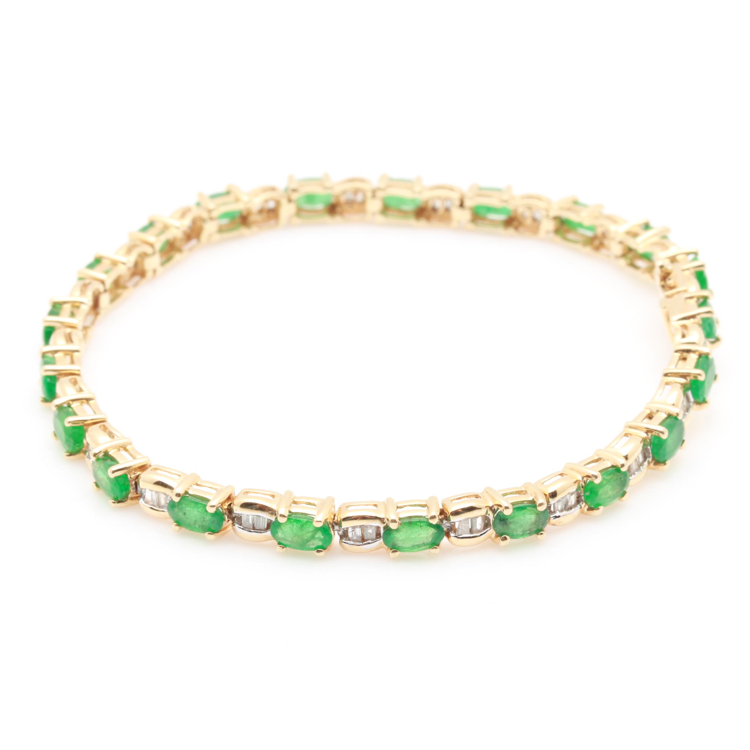 14K Yellow Gold Emerald and Diamond Link Bracelet