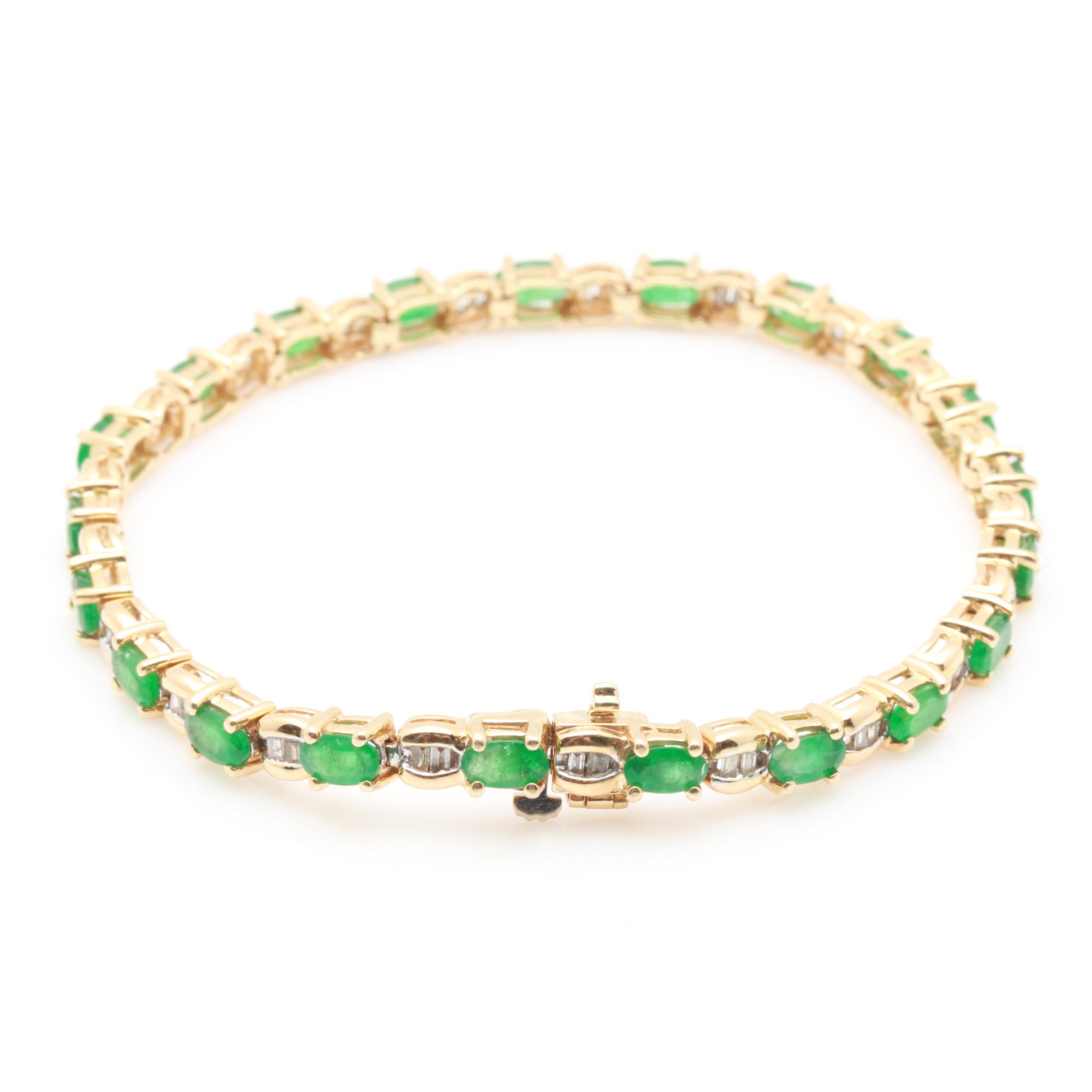 14K Yellow Gold Emerald and Diamond Link Bracelet