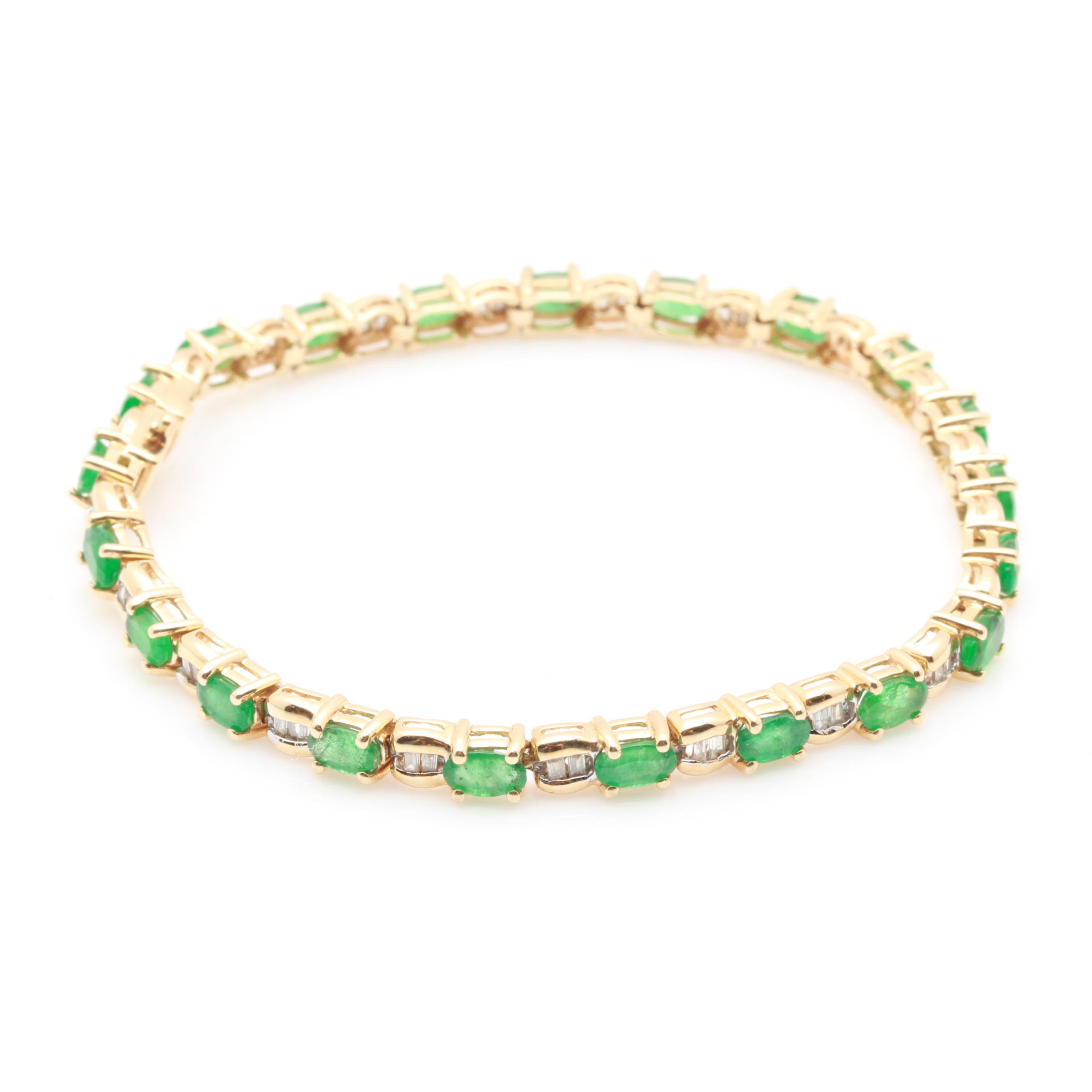 14K Yellow Gold Emerald and Diamond Link Bracelet