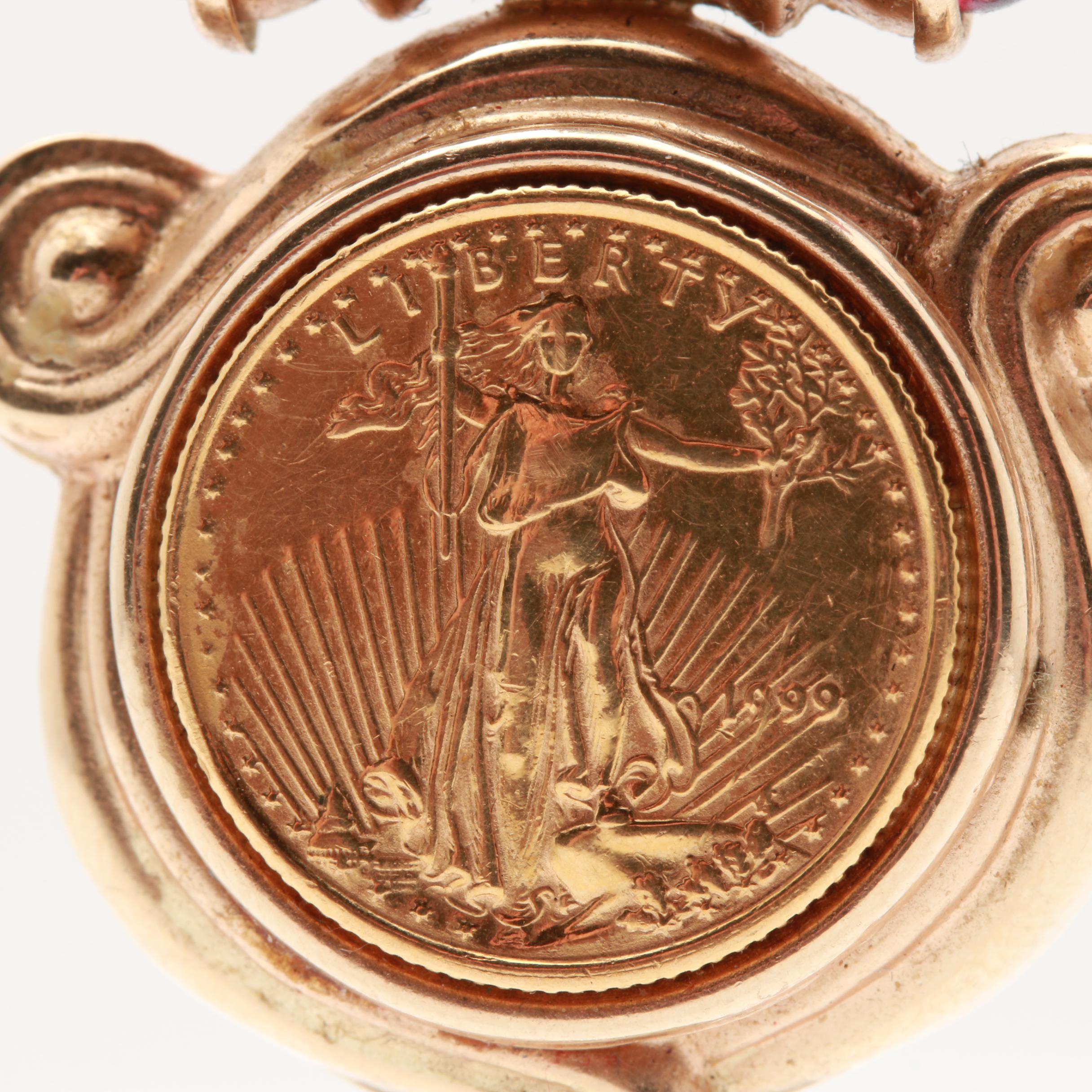 14K Yellow Gold Garnet Pendant With 22K Gold 1999 $5 Gold Eagle Coin
