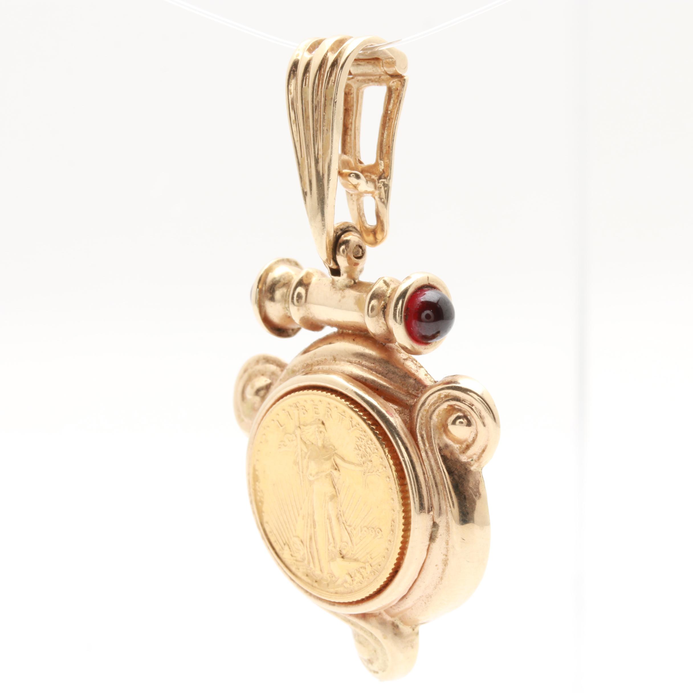 14K Yellow Gold Garnet Pendant With 22K Gold 1999 $5 Gold Eagle Coin