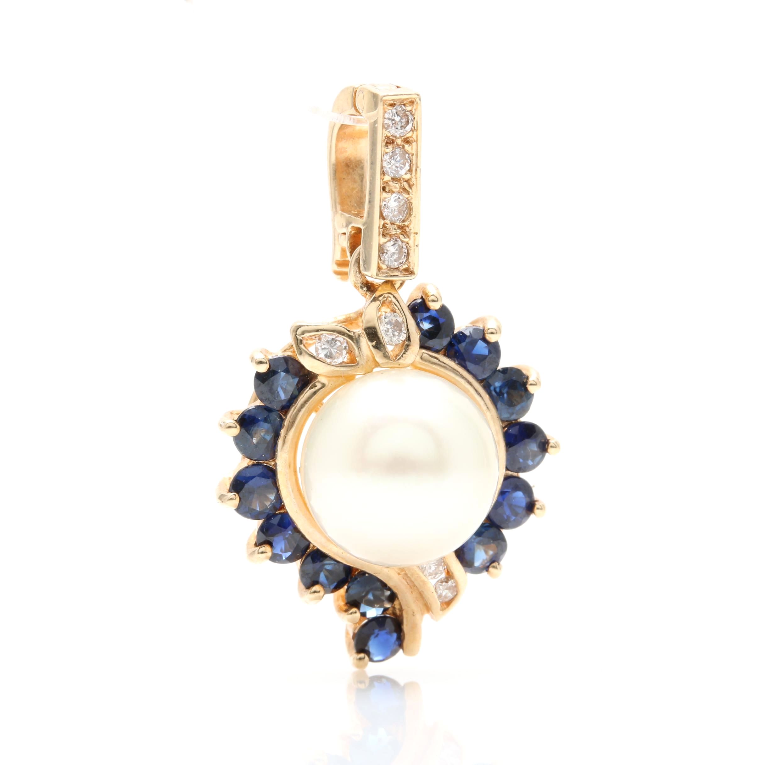 14K Yellow Gold Cultured Pearl, Blue Sapphire, and Diamond Pendant
