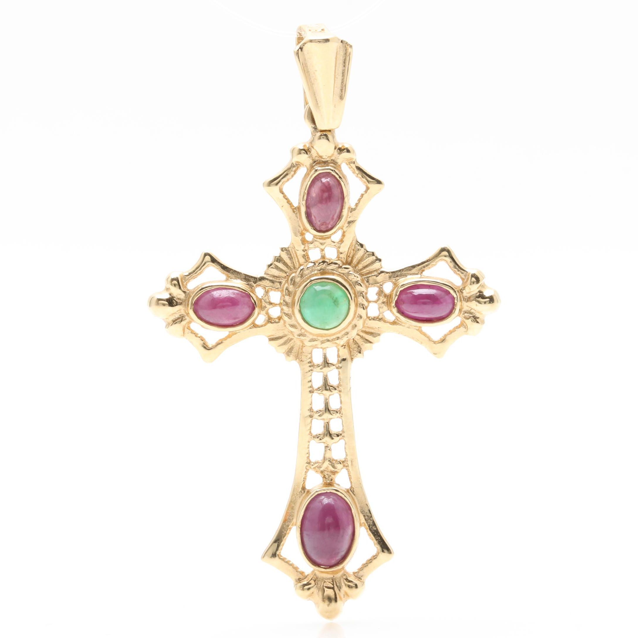 14K Yellow Gold Emerald and Ruby Cross Pendant