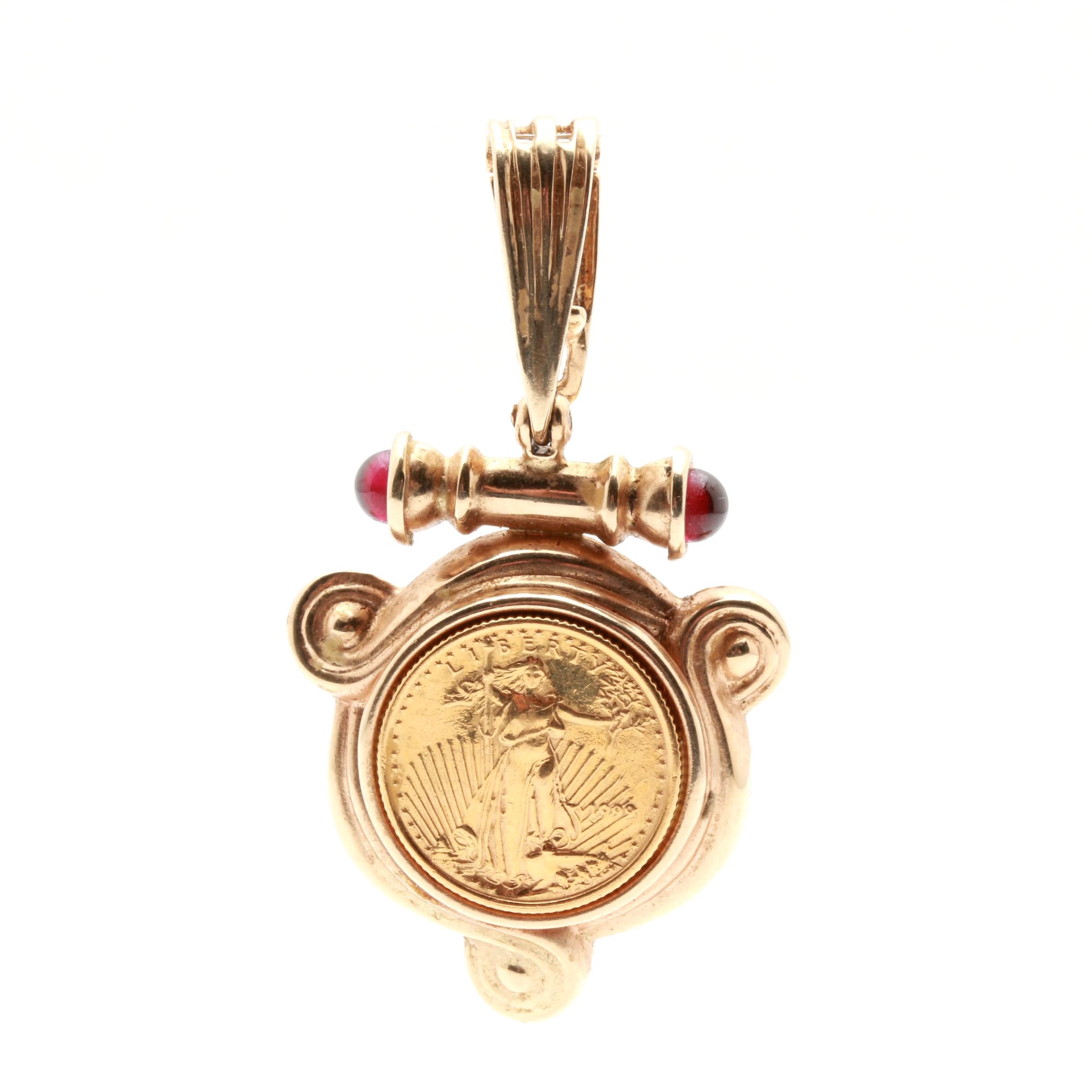 14K Yellow Gold Garnet Pendant With 22K Gold 1999 $5 Gold Eagle Coin
