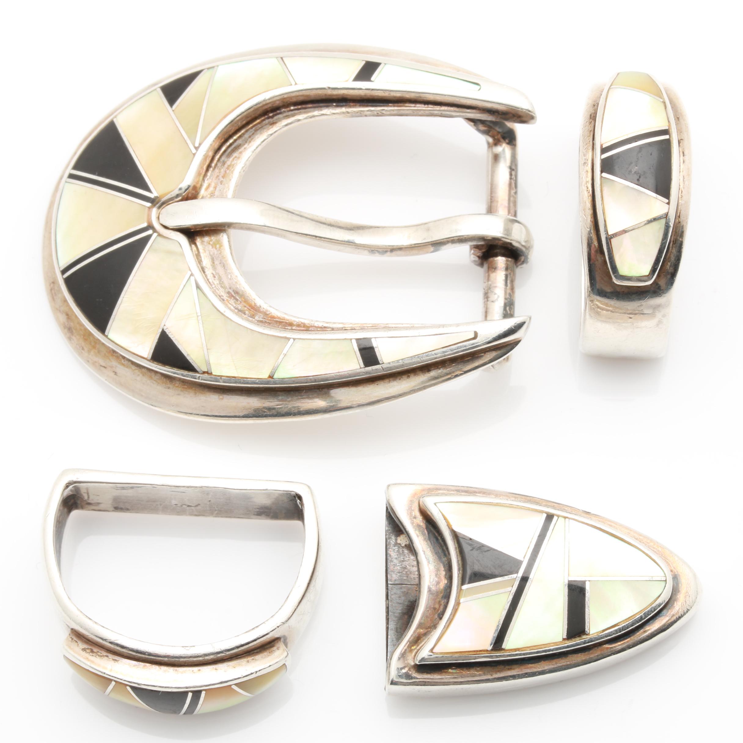 Sterling Silver Black Onyx and Mother of Pearl Belt Buckle and Charms
