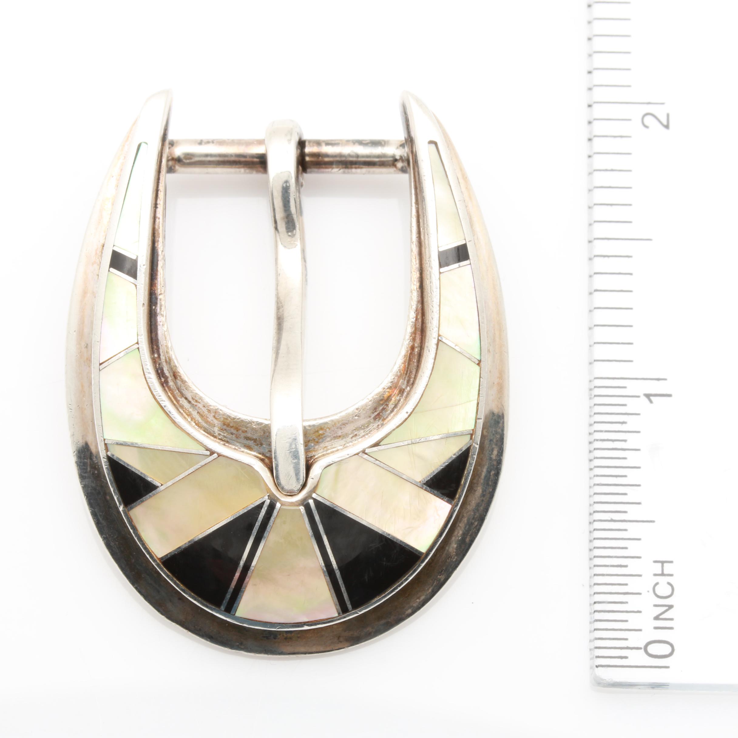 Sterling Silver Black Onyx and Mother of Pearl Belt Buckle and Charms